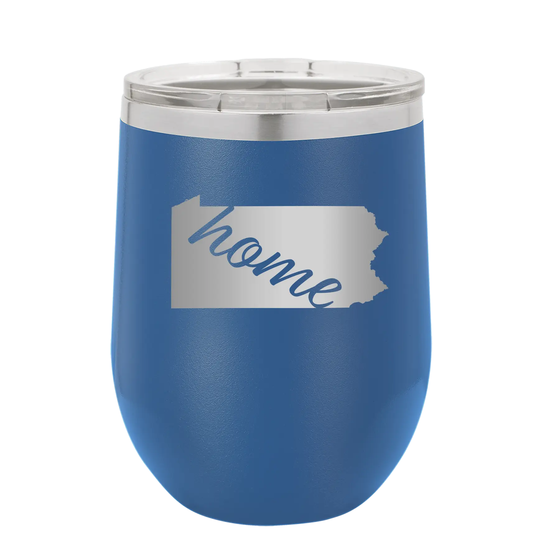 Laser etched royal blue 12 oz vacuum insulated wine cup with 'Pennsylvania Home' design