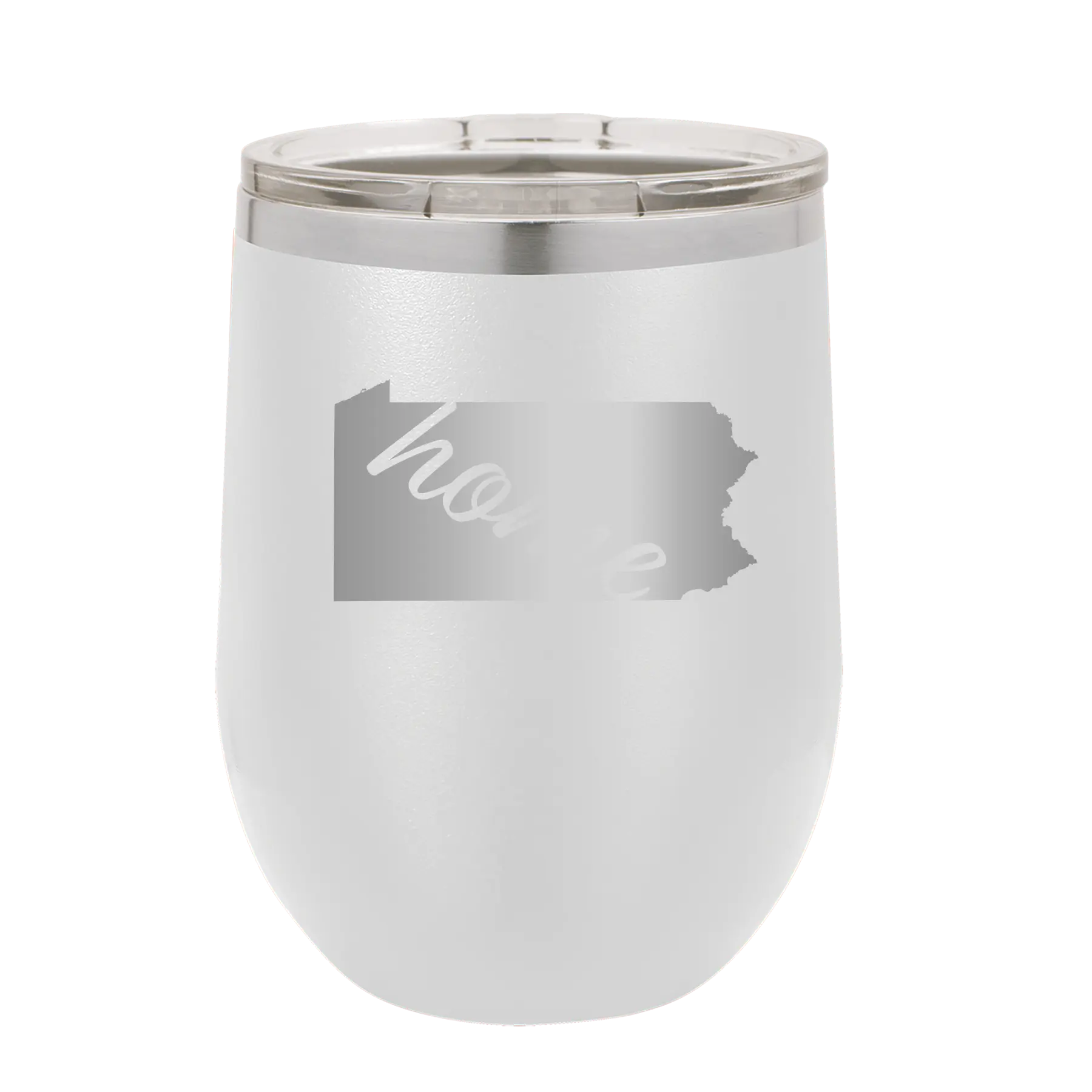 Laser etched white 12 oz vacuum insulated wine cup with 'Pennsylvania Home' design
