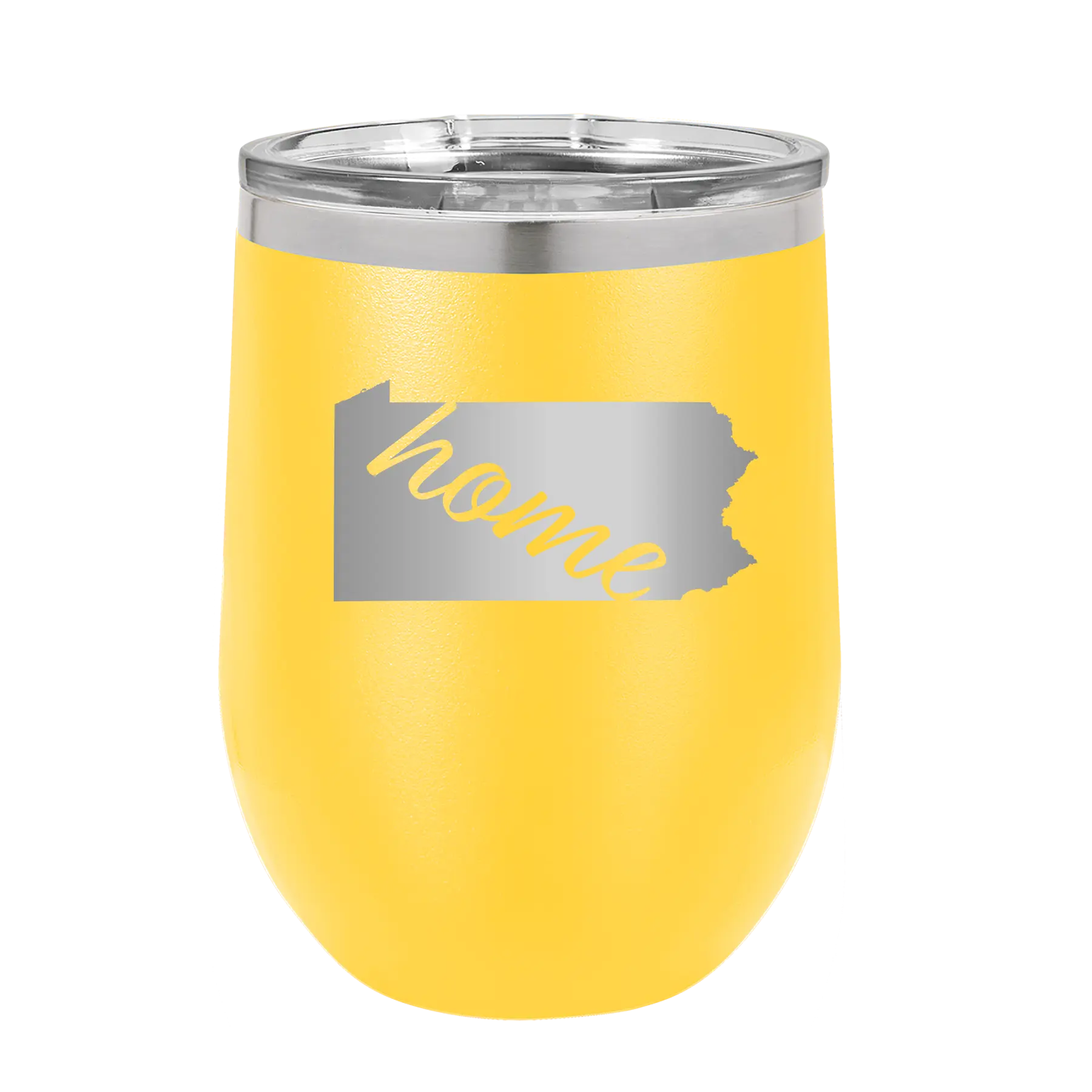 Laser etched yellow 12 oz vacuum insulated wine cup with 'Pennsylvania Home' design