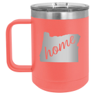Laser etched coral 15 oz vacuum insulated coffee mug with 'Oregon Home' design