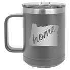 Laser etched dark gray 15 oz vacuum insulated coffee mug with 'Oregon Home' design