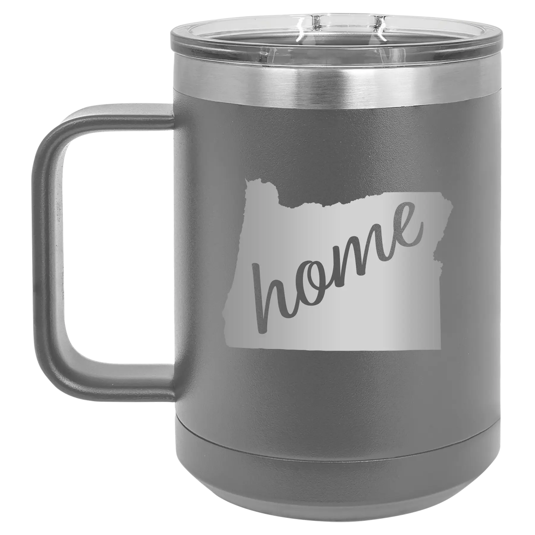 Laser etched dark gray 15 oz vacuum insulated coffee mug with 'Oregon Home' design