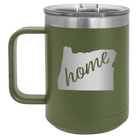 Laser etched olive green 15 oz vacuum insulated coffee mug with 'Oregon Home' design