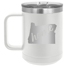 Laser etched white 15 oz vacuum insulated coffee mug with 'Oregon Home' design