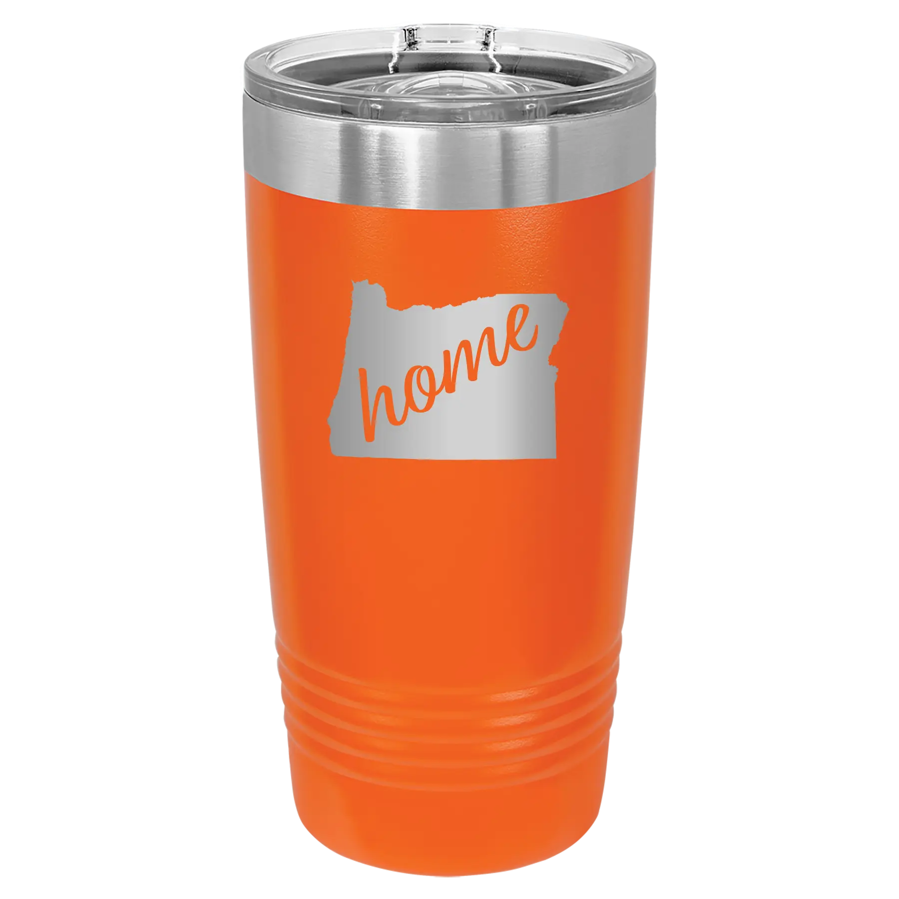 Laser etched orange 20 oz vacuum insulated tumbler with 'Oregon Home' design