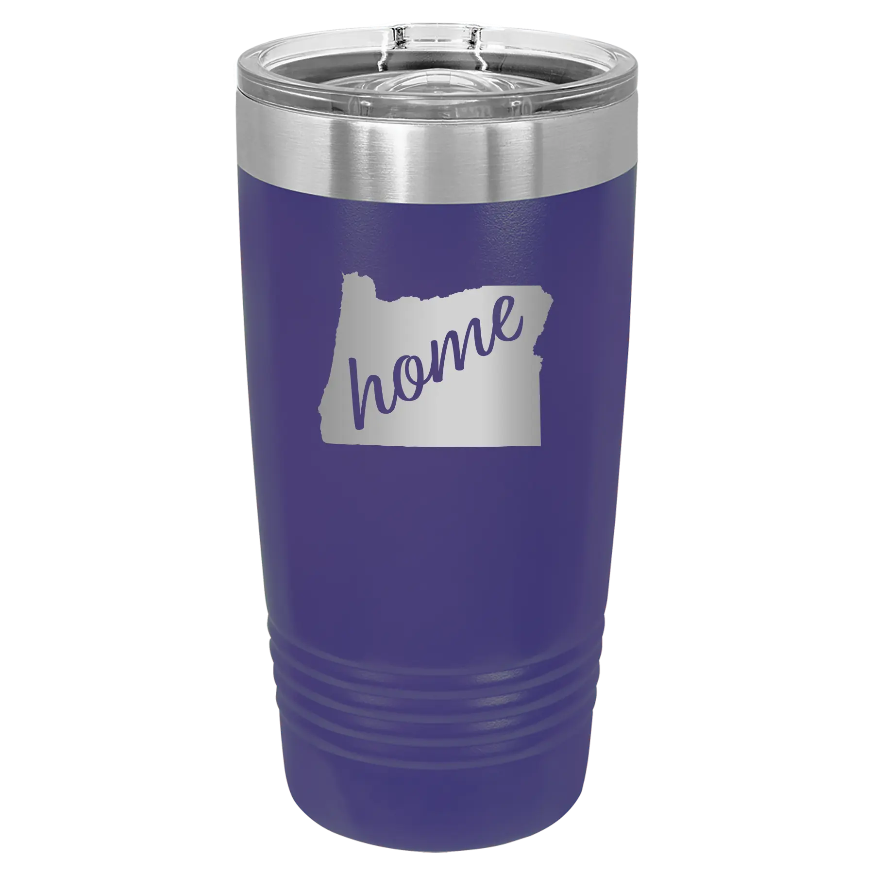 Laser etched purple 20 oz vacuum insulated tumbler with 'Oregon Home' design