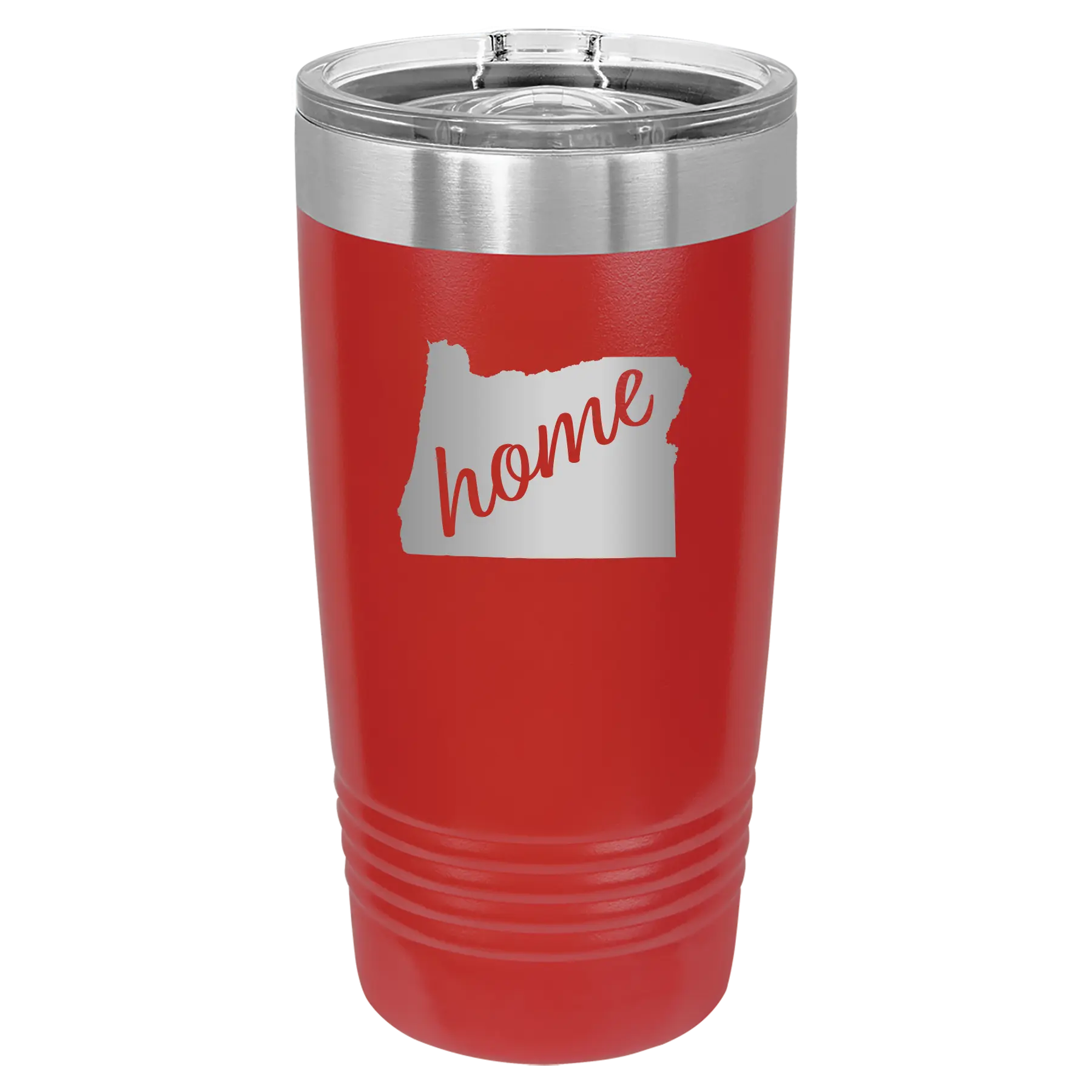 Laser etched red 20 oz vacuum insulated tumbler with 'Oregon Home' design