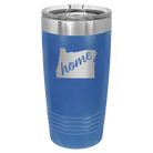 Laser etched royal blue 20 oz vacuum insulated tumbler with 'Oregon Home' design