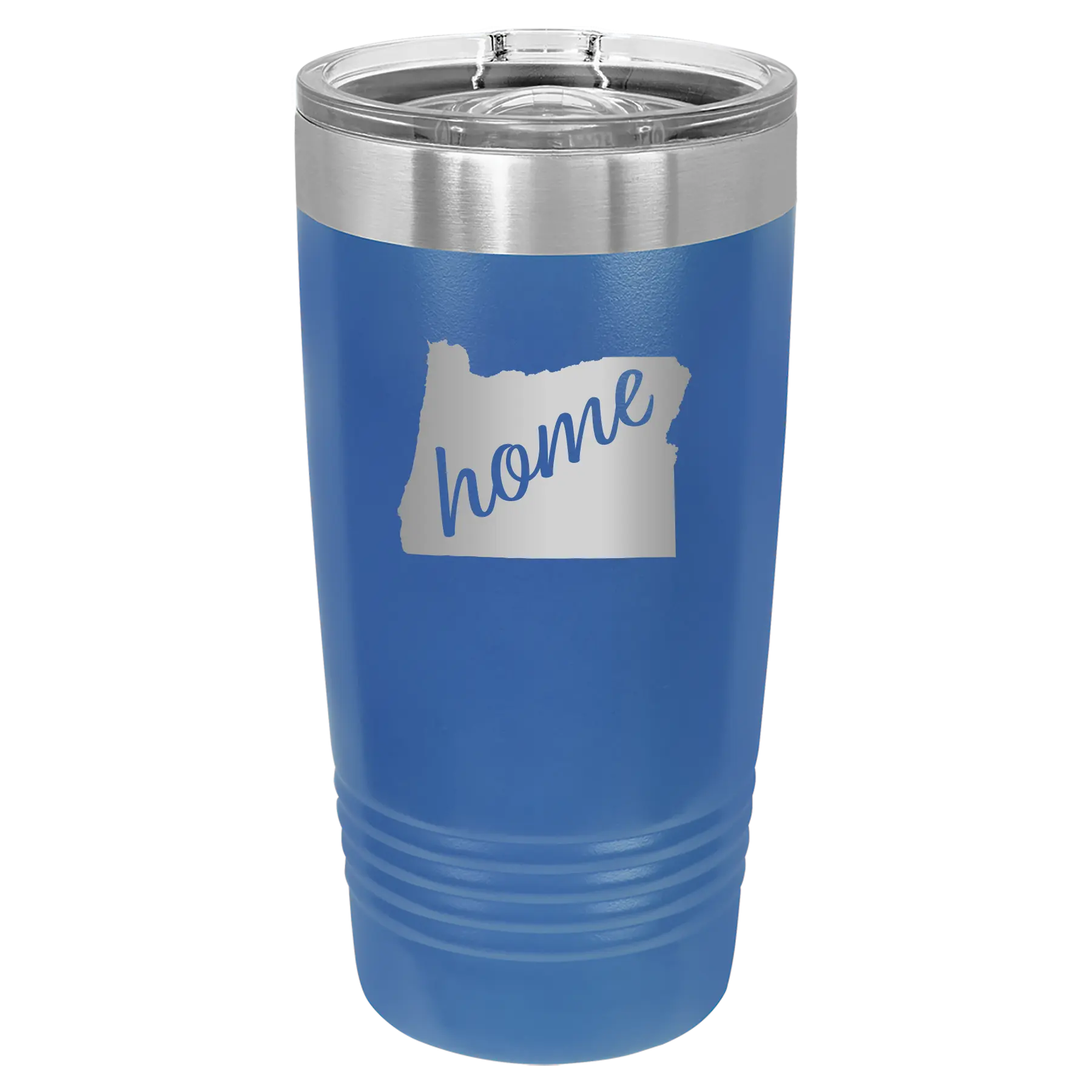 Laser etched royal blue 20 oz vacuum insulated tumbler with 'Oregon Home' design