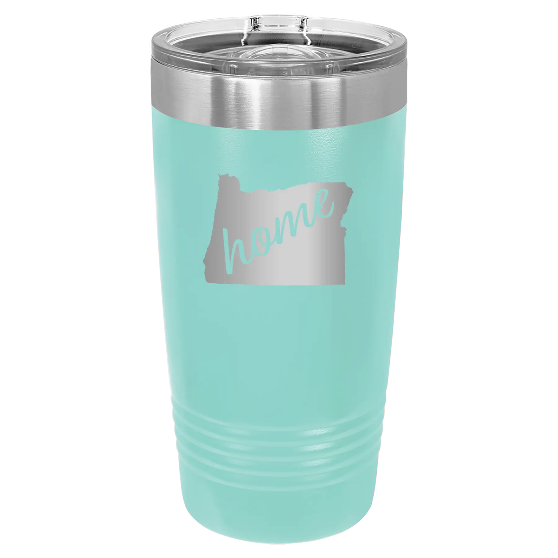 Laser etched teal 20 oz vacuum insulated tumbler with 'Oregon Home' design