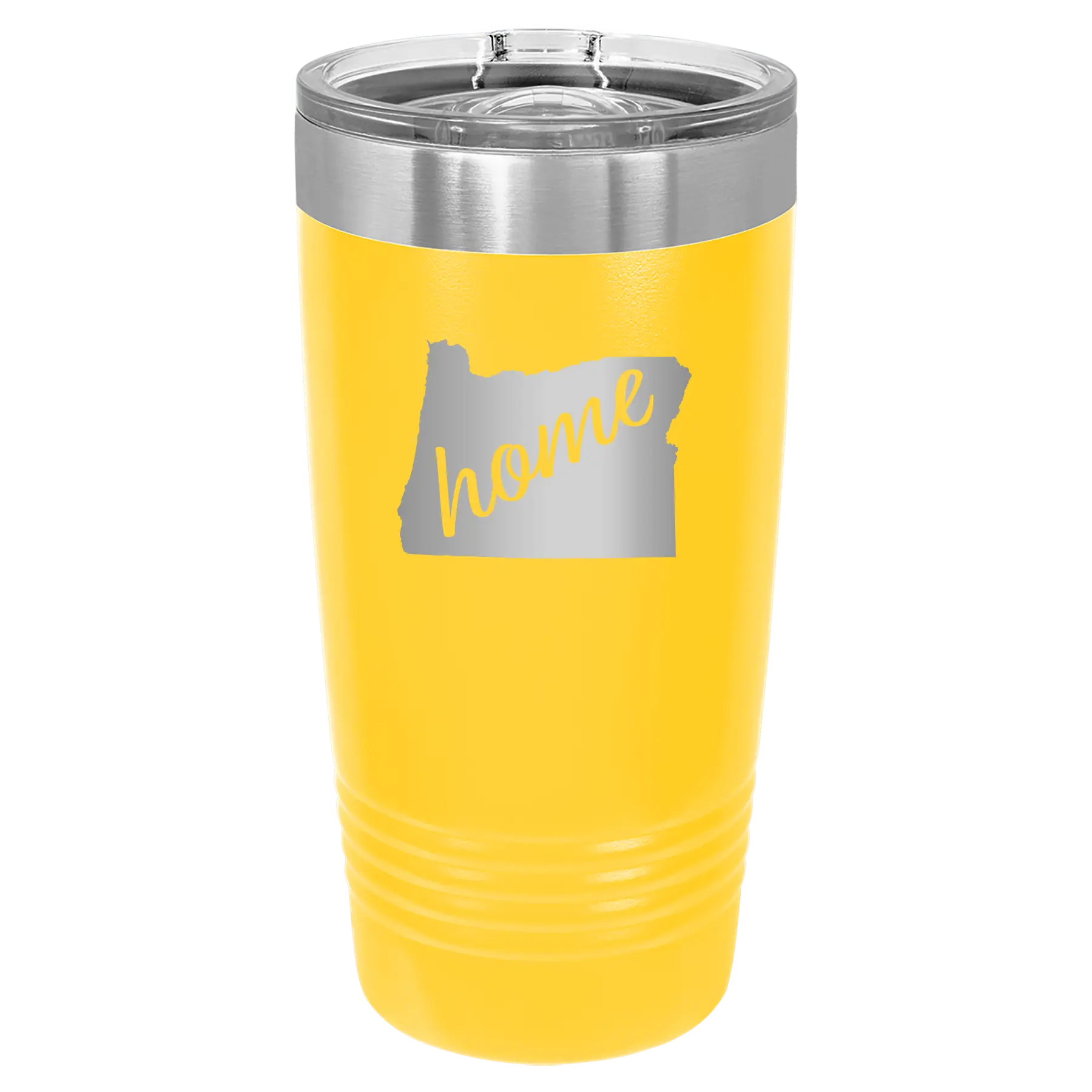 Laser etched yellow 20 oz vacuum insulated tumbler with 'Oregon Home' design