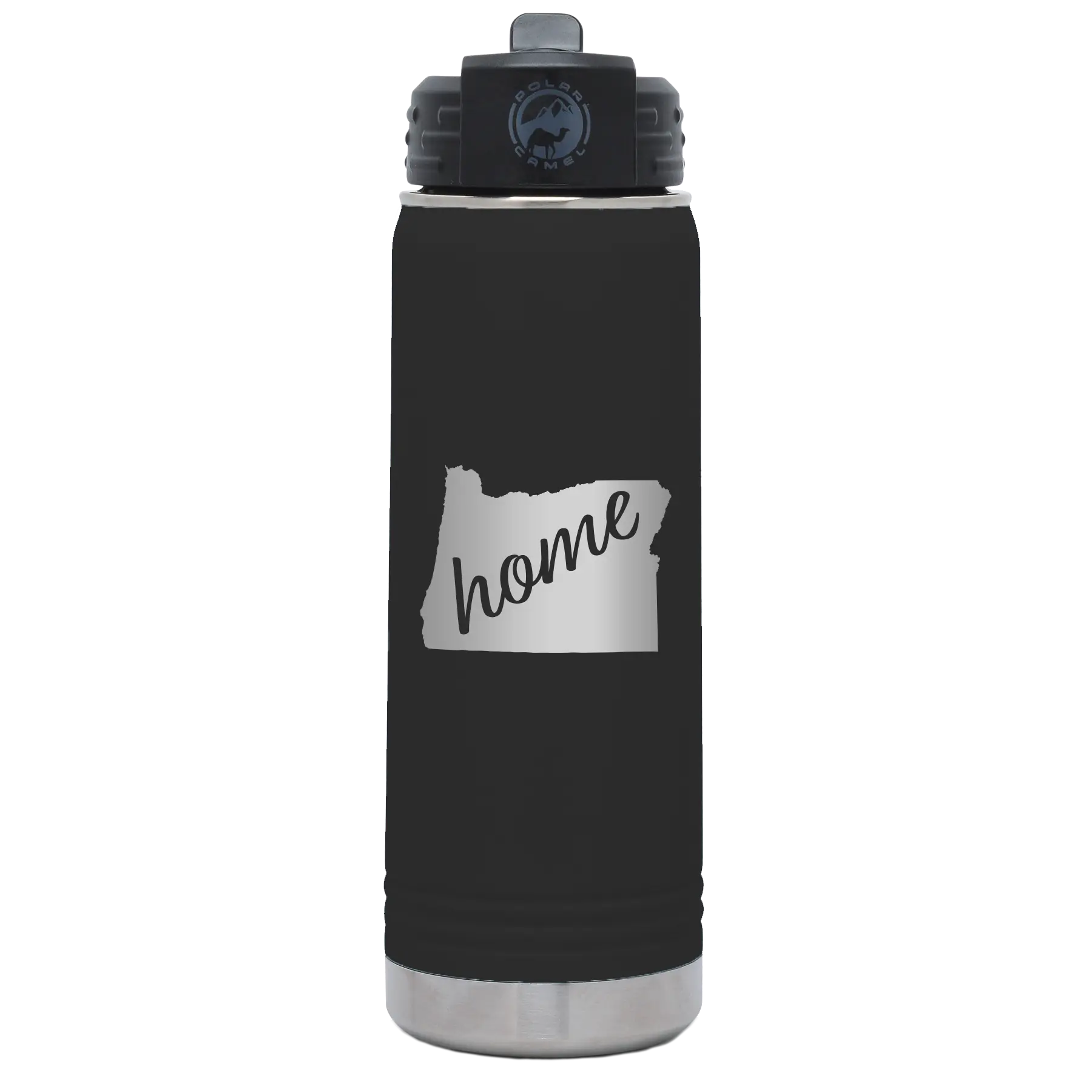 Laser etched black 20 oz vacuum insulated water bottle with 'Oregon Home' design