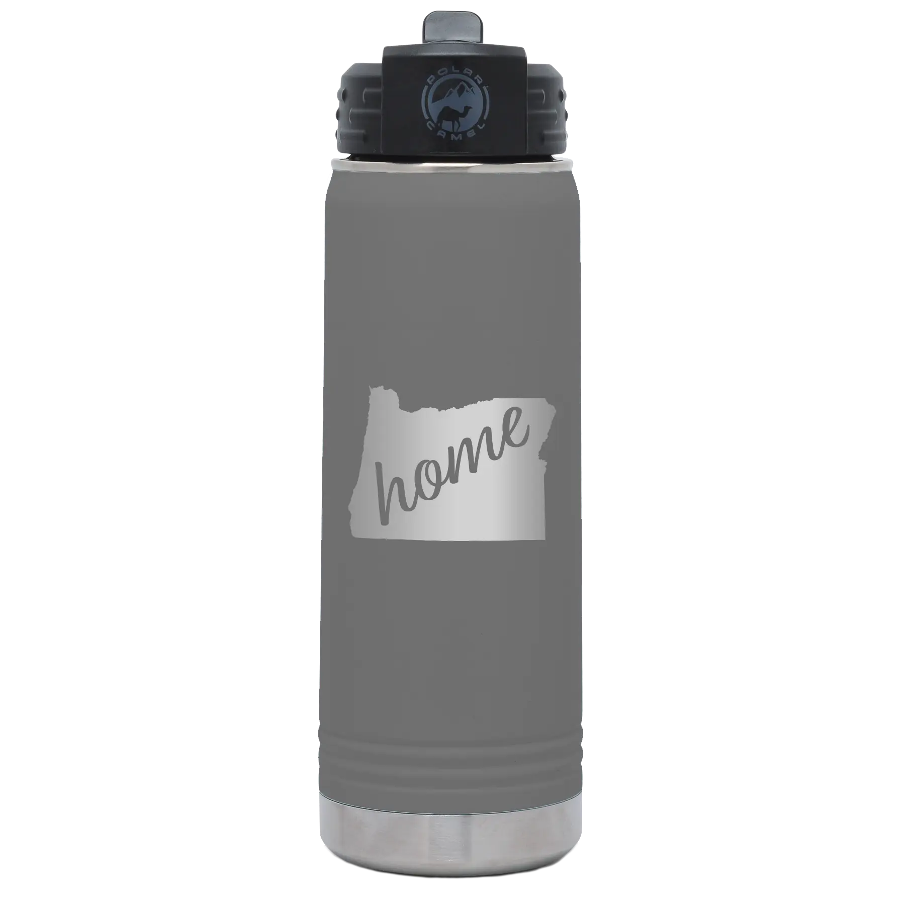Laser etched dark gray 20 oz vacuum insulated water bottle with 'Oregon Home' design