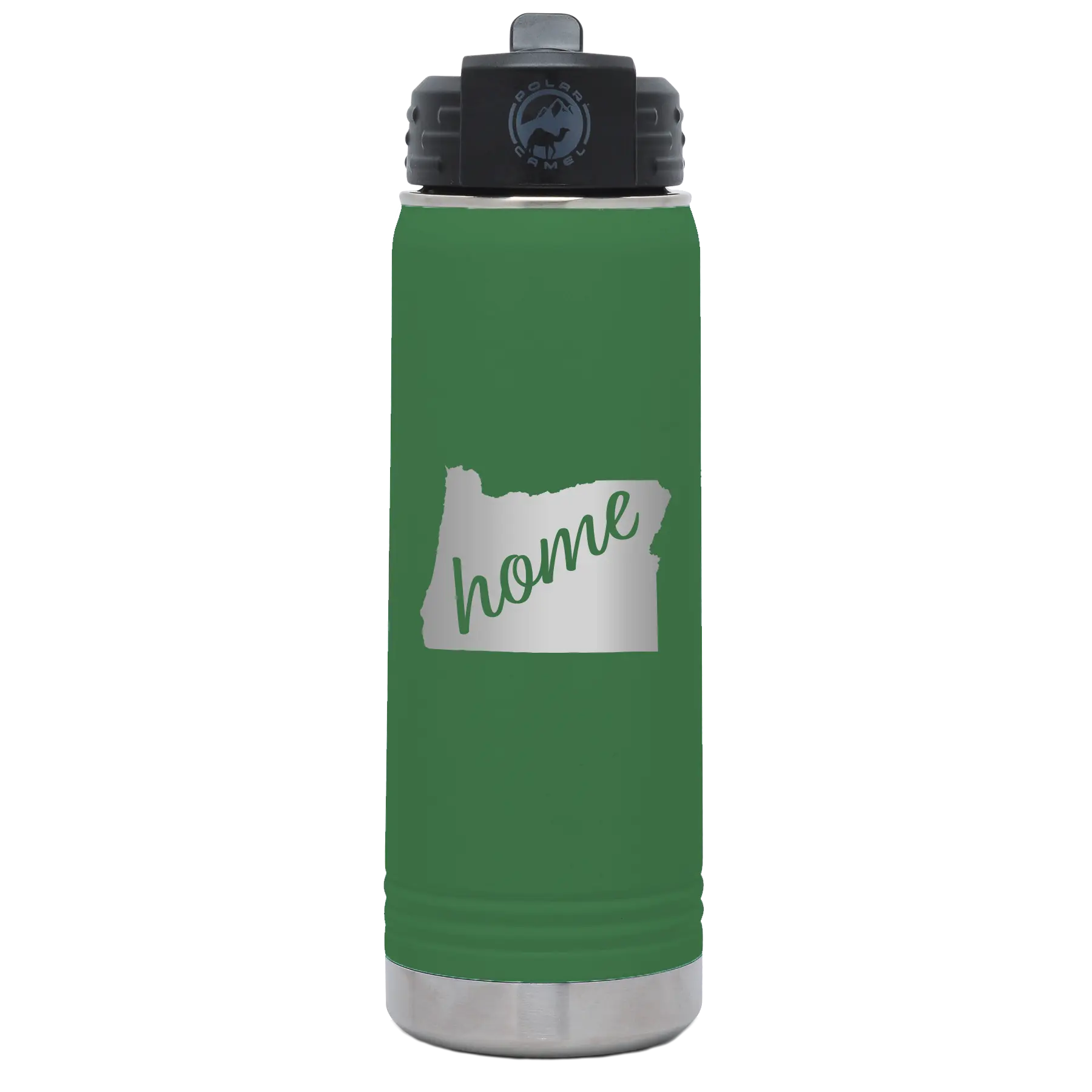 Laser etched green 20 oz vacuum insulated water bottle with 'Oregon Home' design