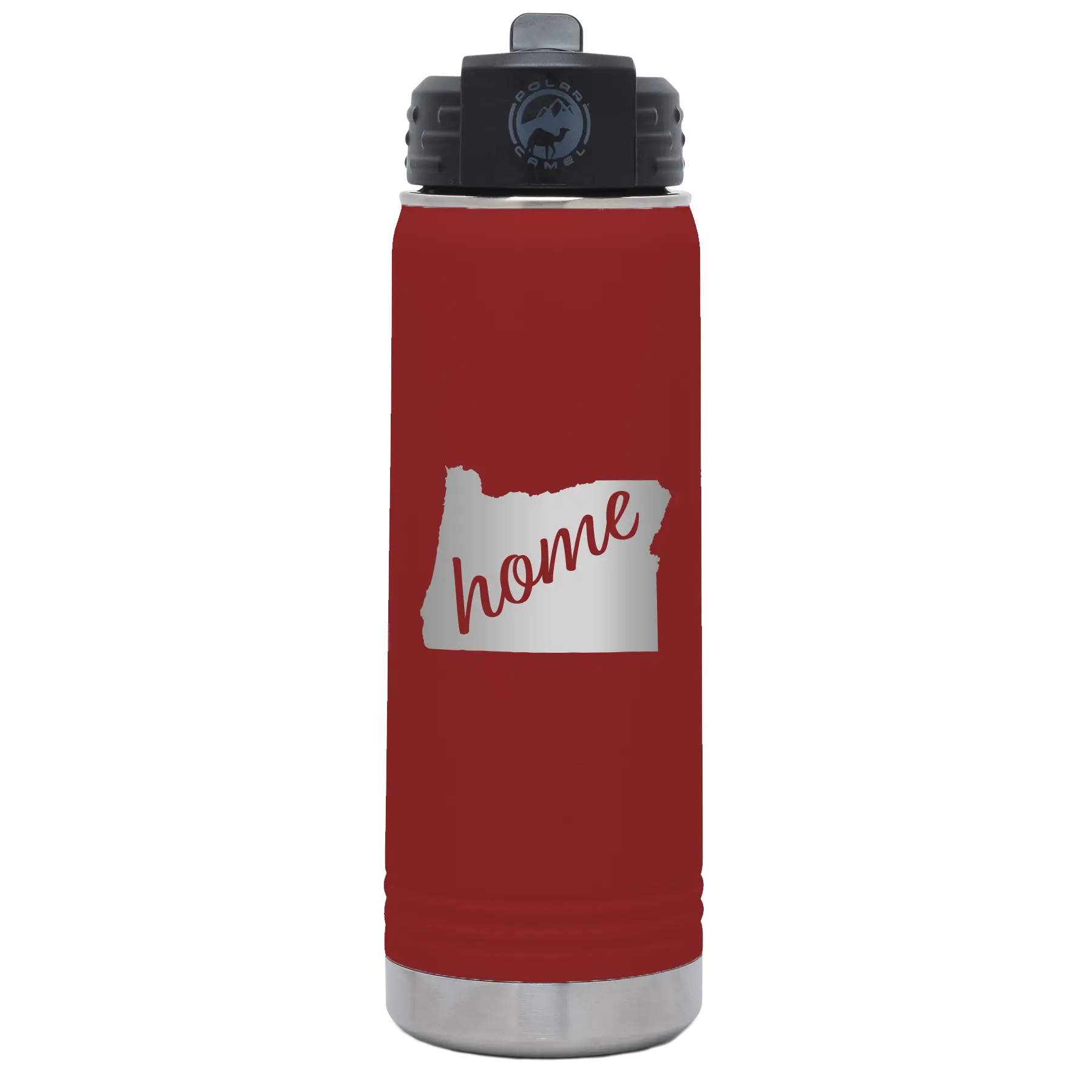 Laser etched maroon 20 oz vacuum insulated water bottle with 'Oregon Home' design