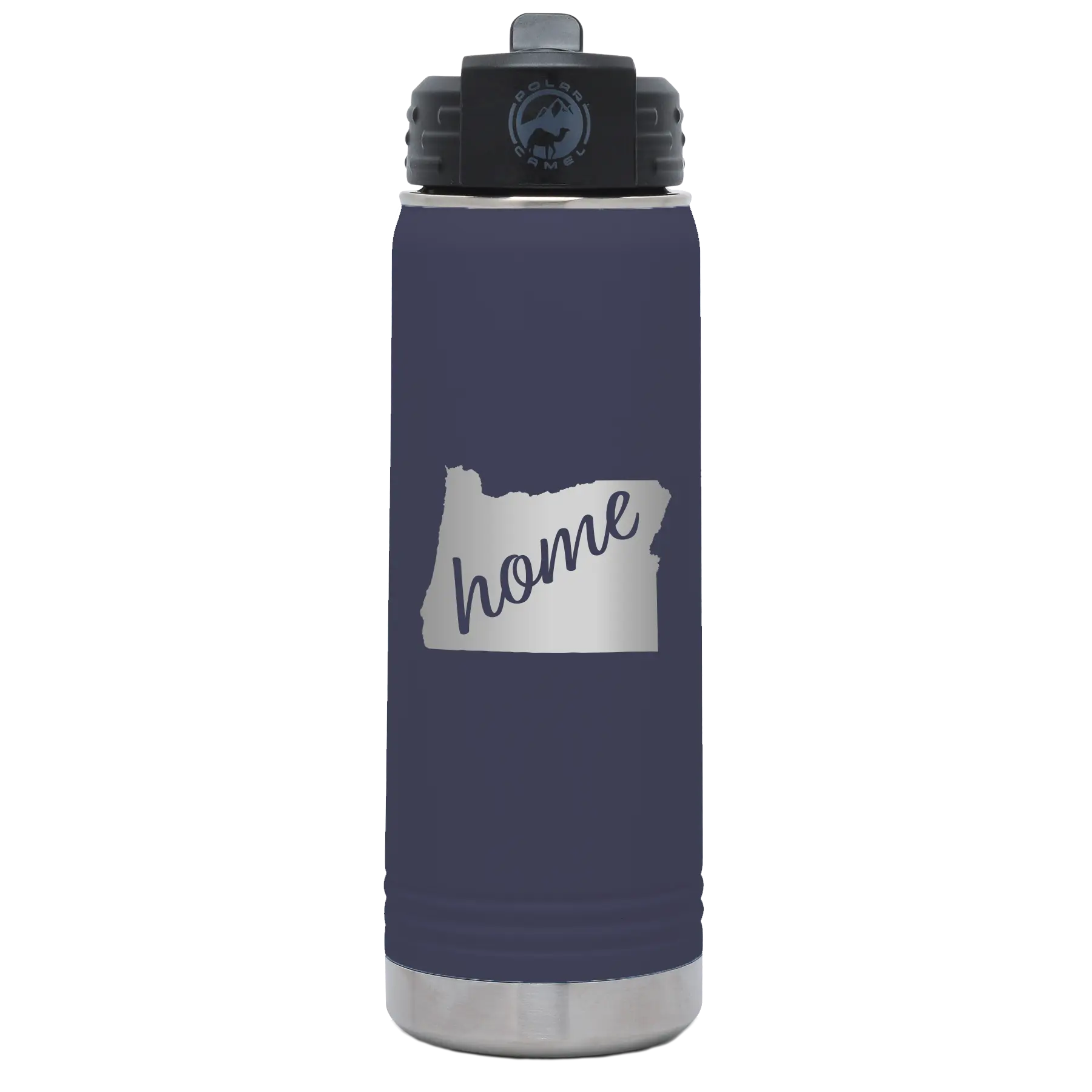 Laser etched navy 20 oz vacuum insulated water bottle with 'Oregon Home' design