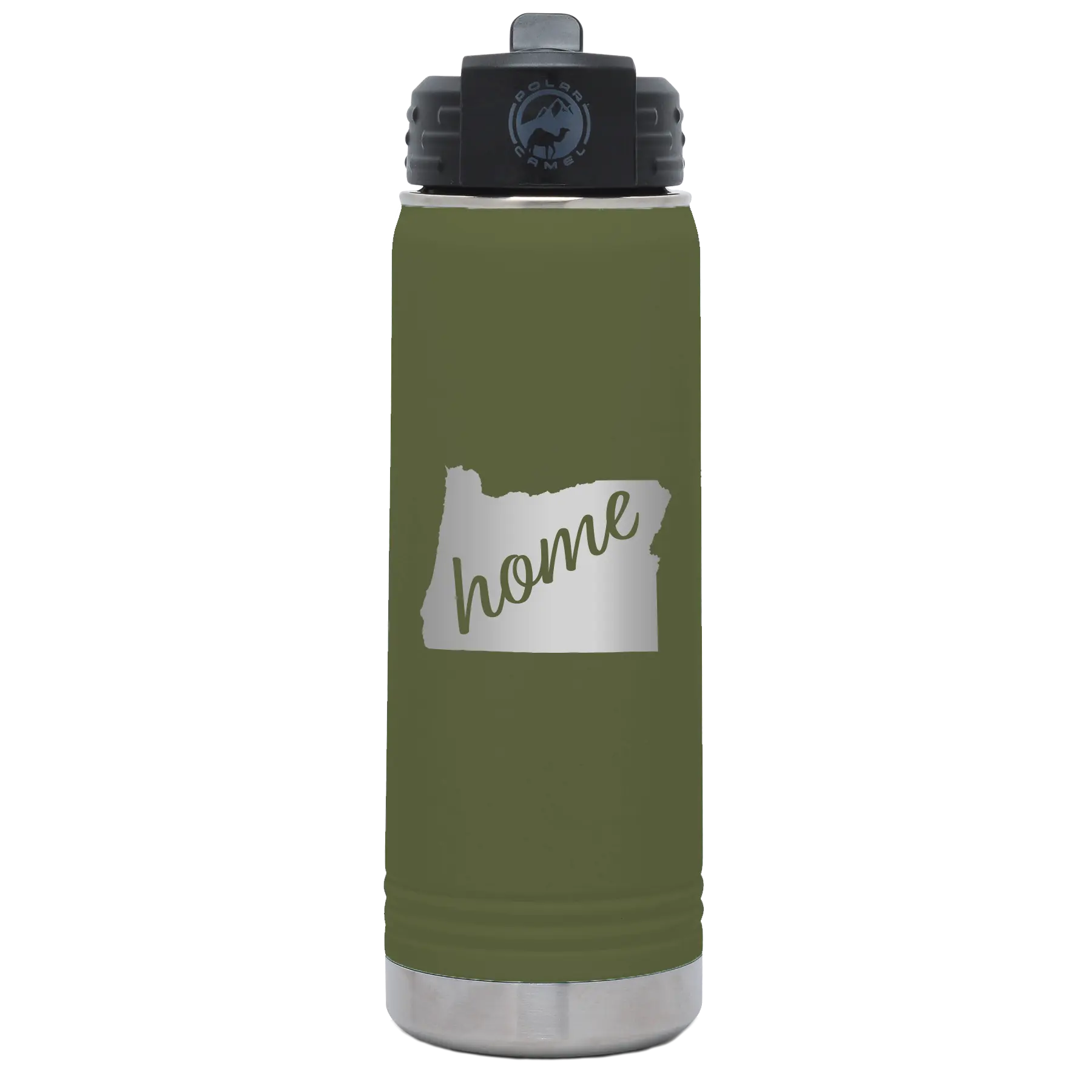 Laser etched olive green 20 oz vacuum insulated water bottle with 'Oregon Home' design