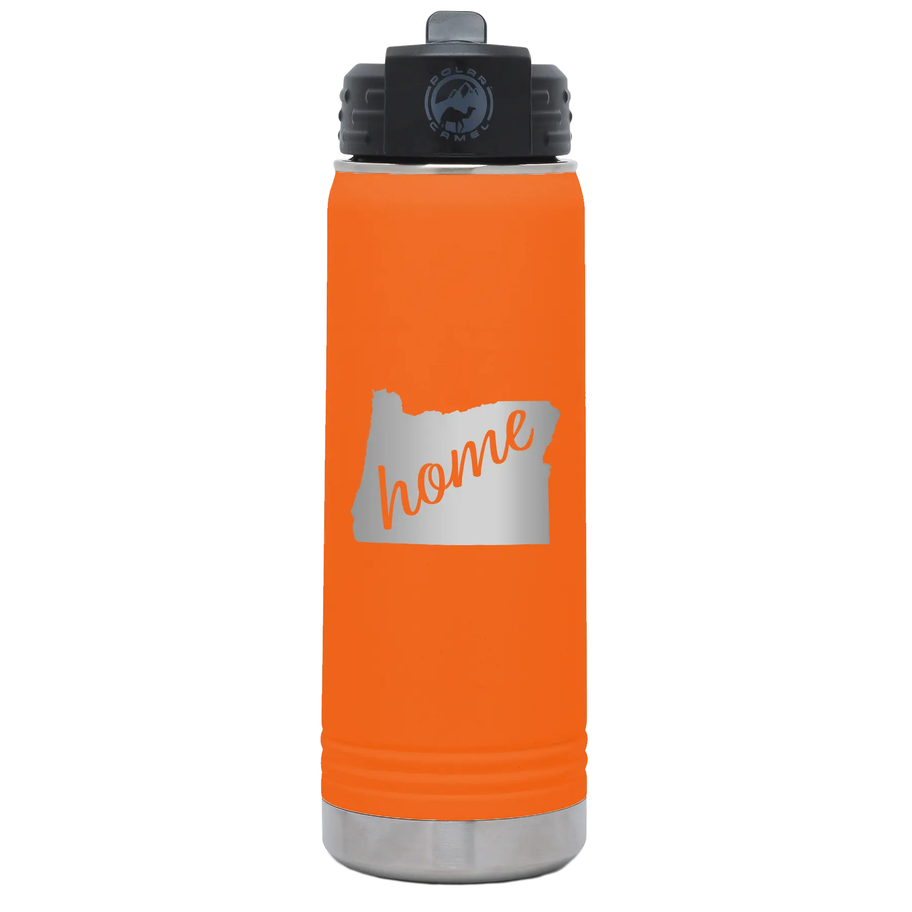 Laser etched orange 20 oz vacuum insulated water bottle with 'Oregon Home' design