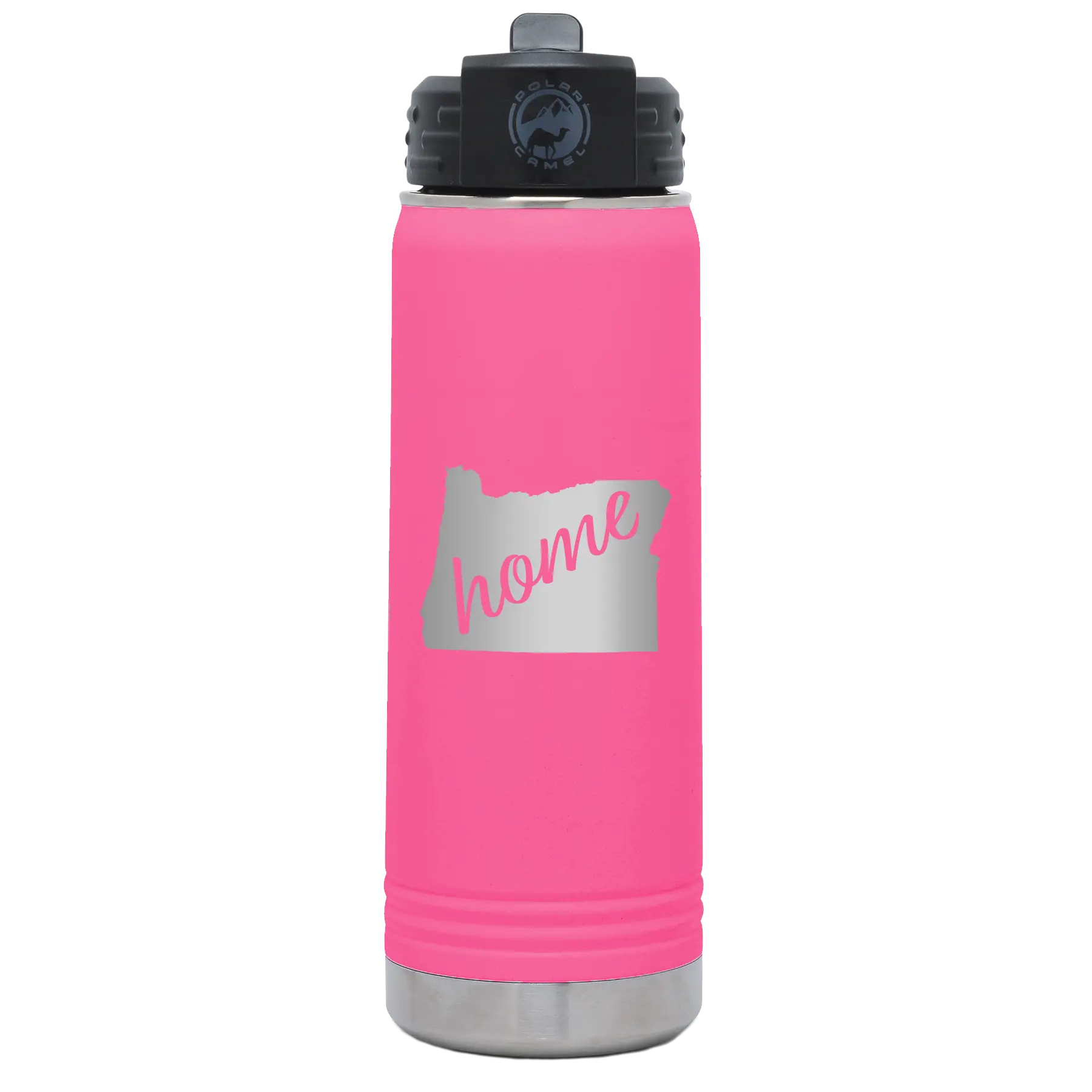 Laser etched pink 20 oz vacuum insulated water bottle with 'Oregon Home' design
