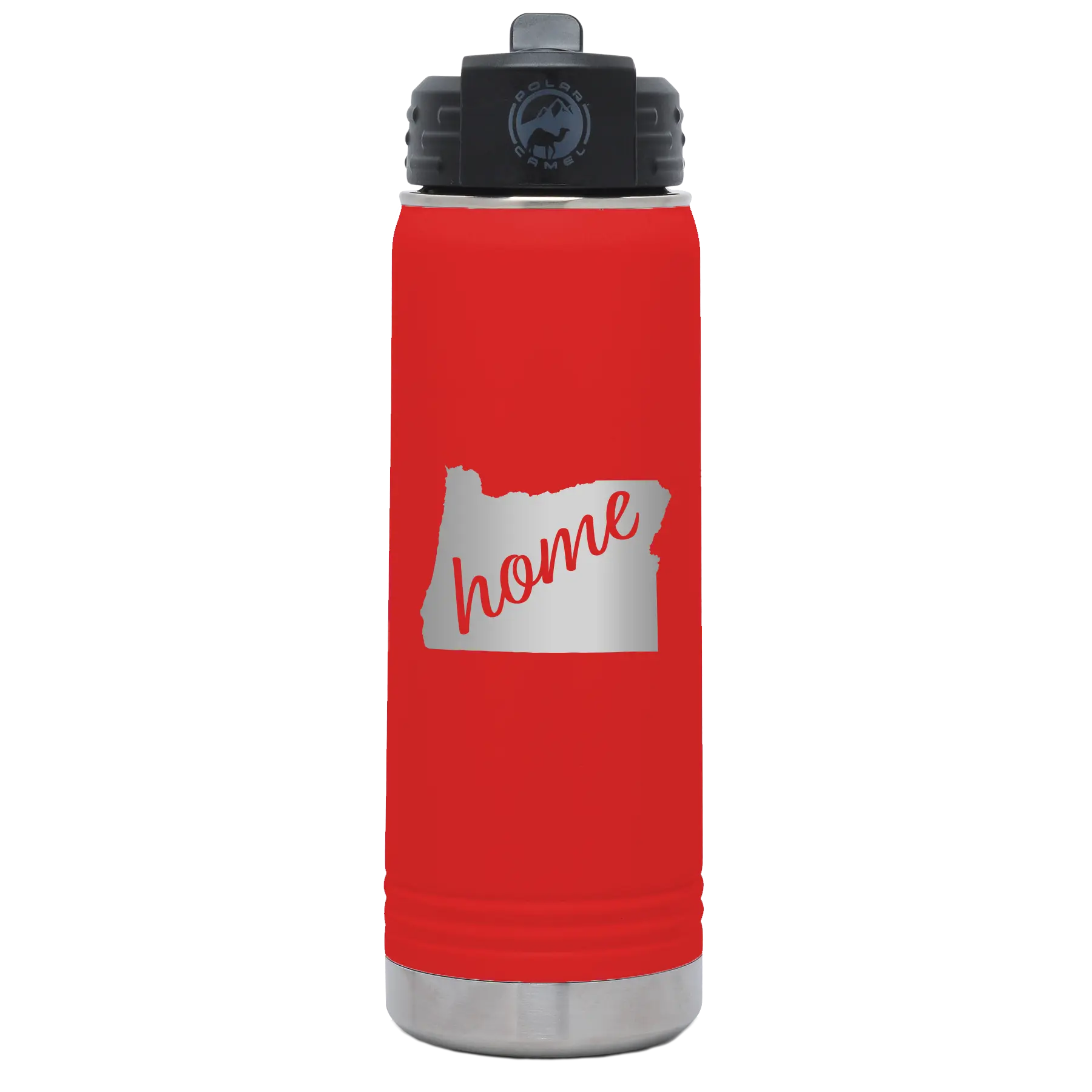 Laser etched red 20 oz vacuum insulated water bottle with 'Oregon Home' design