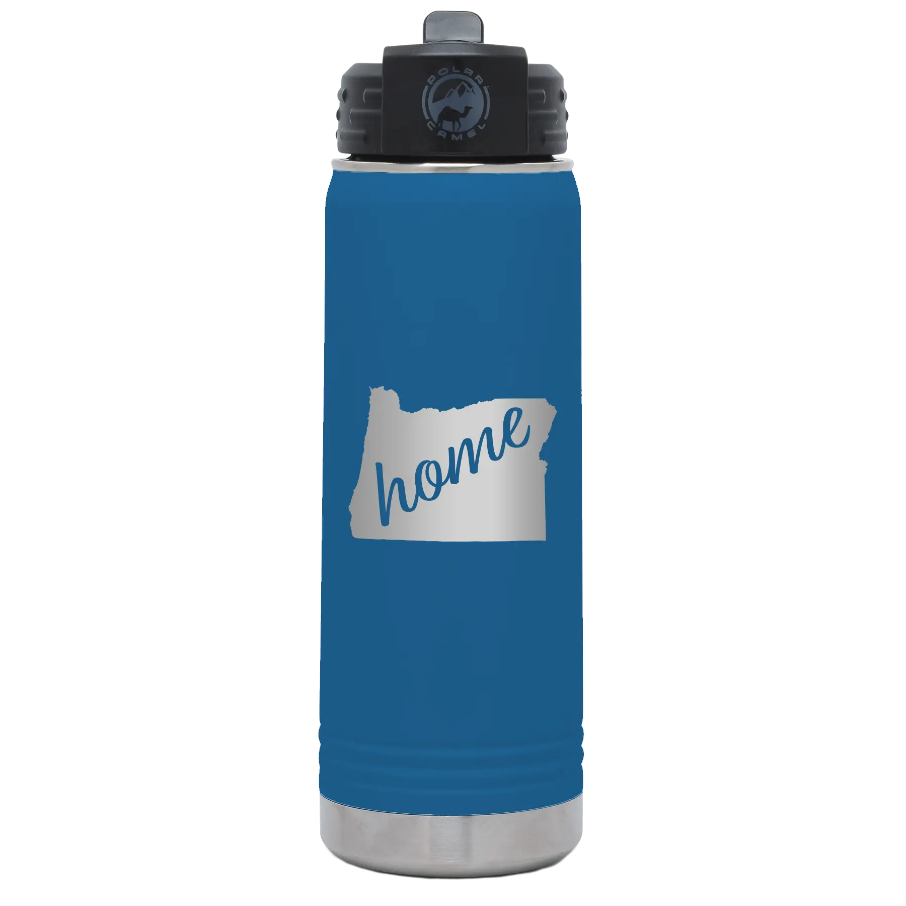 Laser etched royal blue 20 oz vacuum insulated water bottle with 'Oregon Home' design