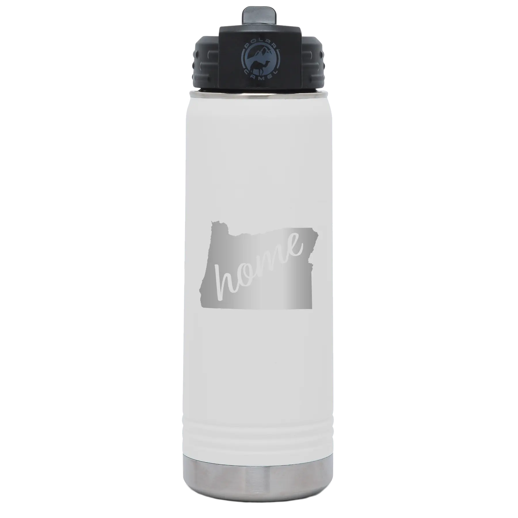 Laser etched white 20 oz vacuum insulated water bottle with 'Oregon Home' design