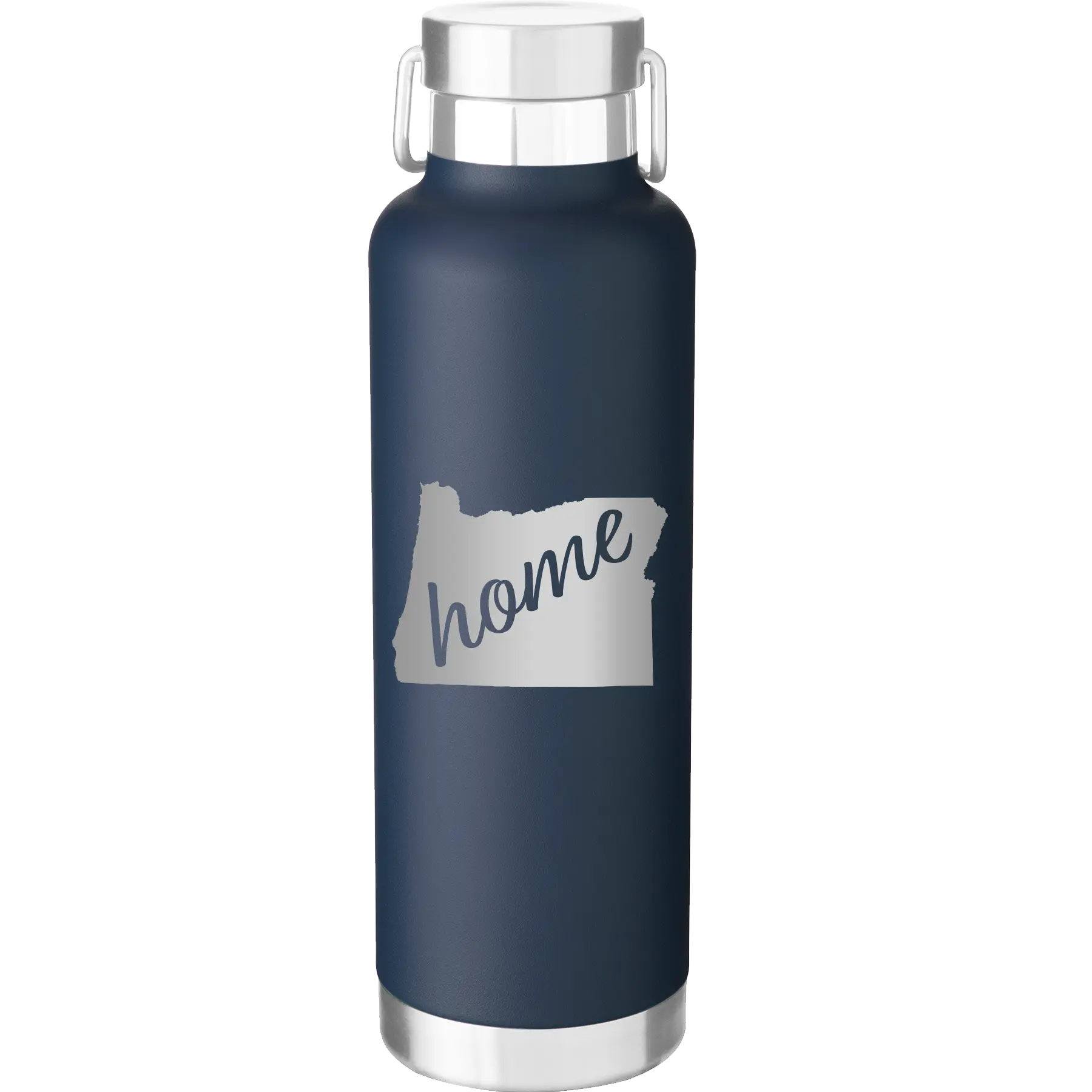 Laser etched navy 24 oz vacuum insulated water bottle with 'Oregon Home' design