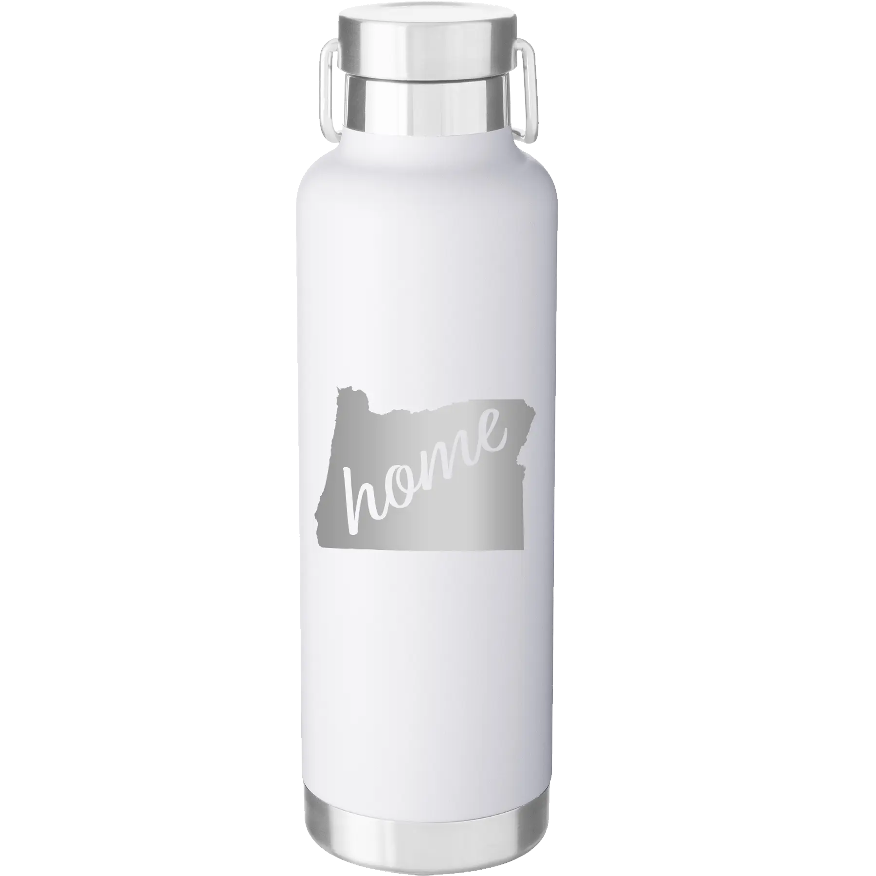 Laser etched white 24 oz vacuum insulated water bottle with 'Oregon Home' design