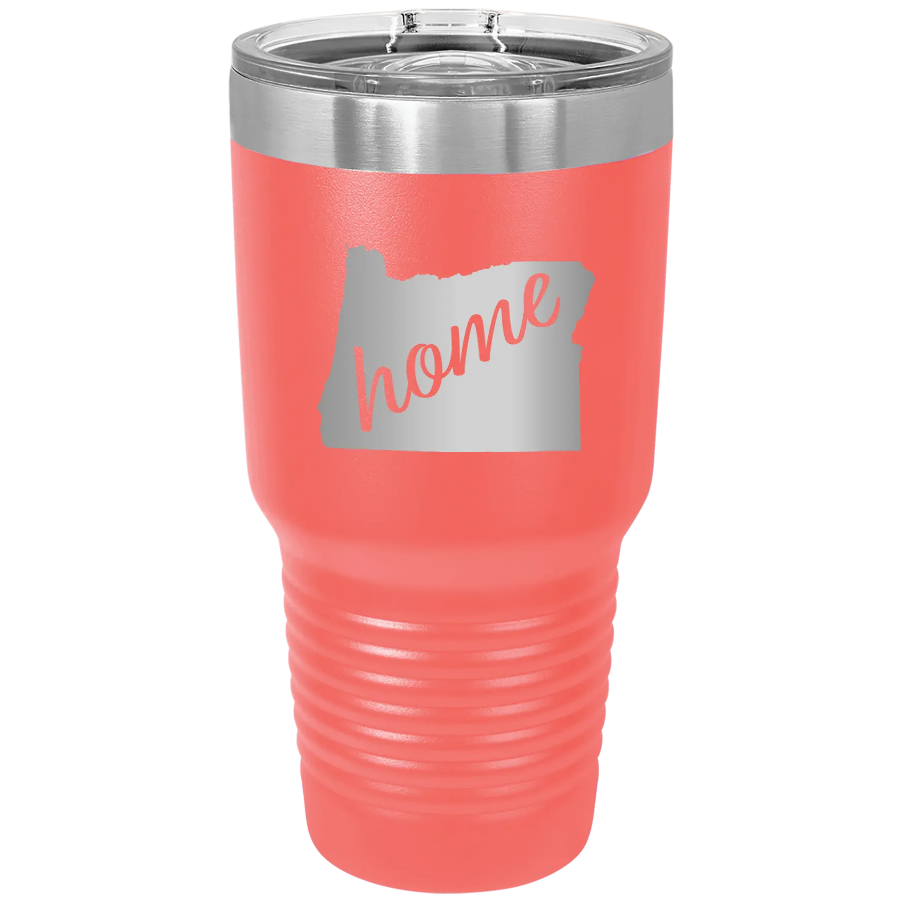 Laser etched coral 30 oz vacuum insulated tumbler with 'Oregon Home' design