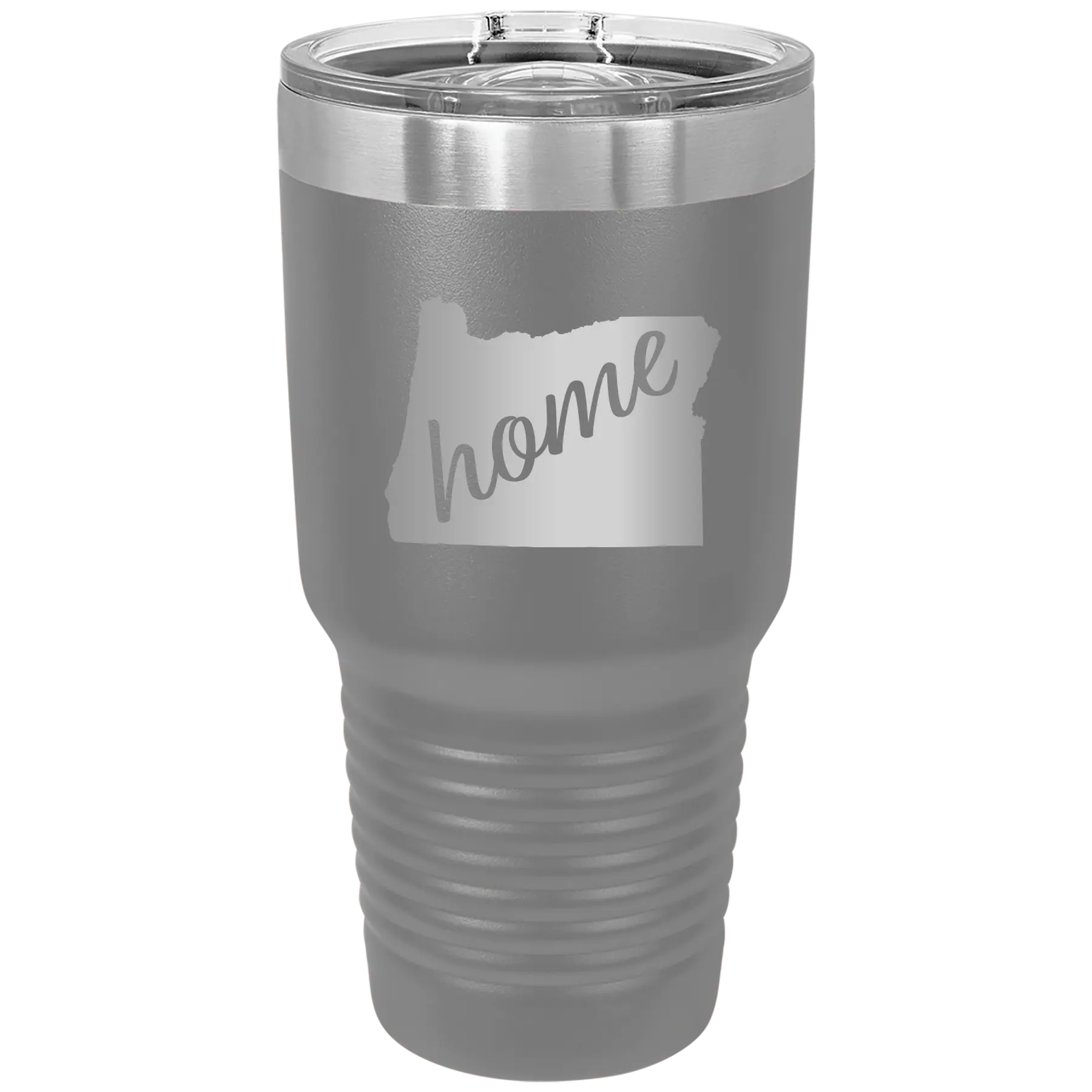 Laser etched dark gray 30 oz vacuum insulated tumbler with 'Oregon Home' design