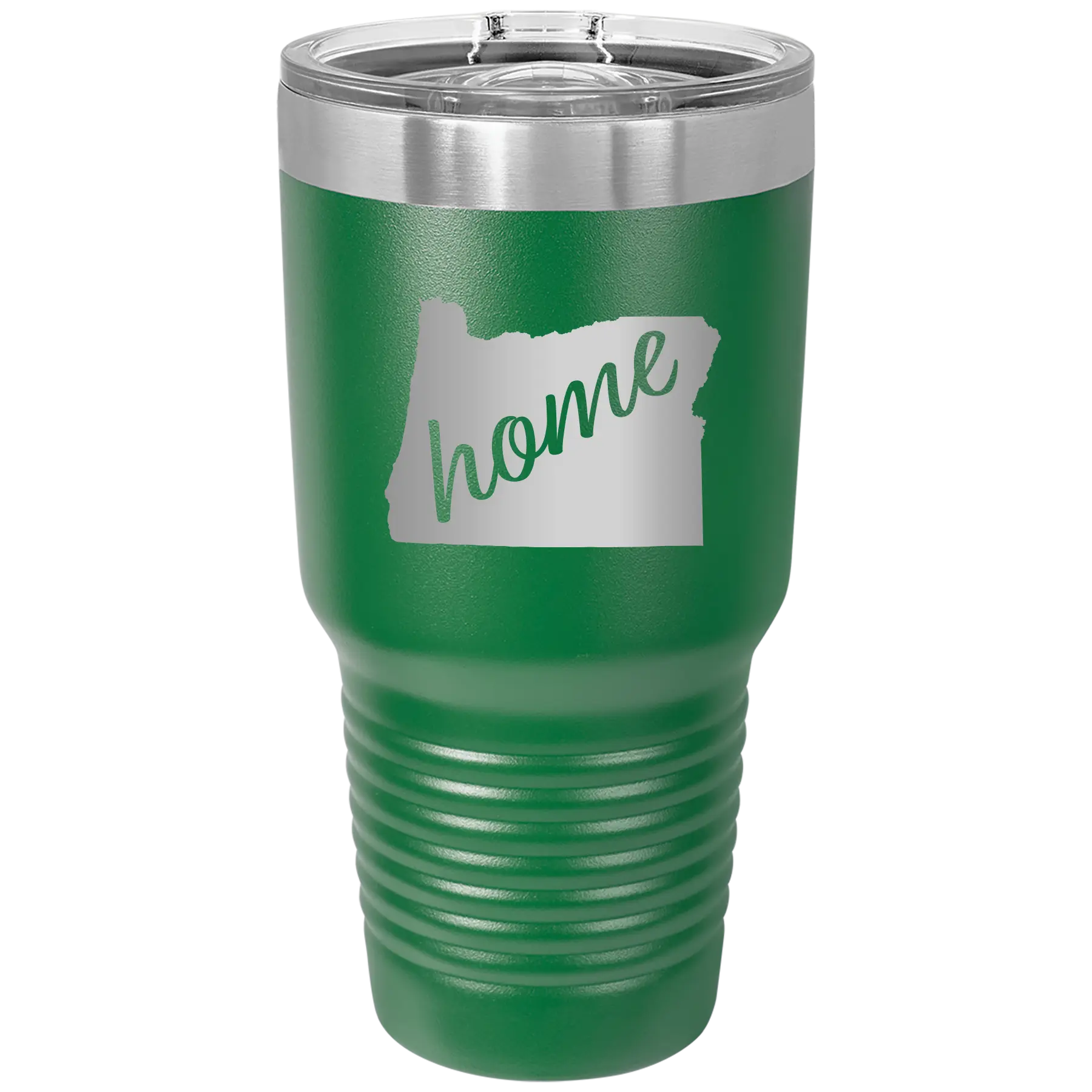 Laser etched green 30 oz vacuum insulated tumbler with 'Oregon Home' design