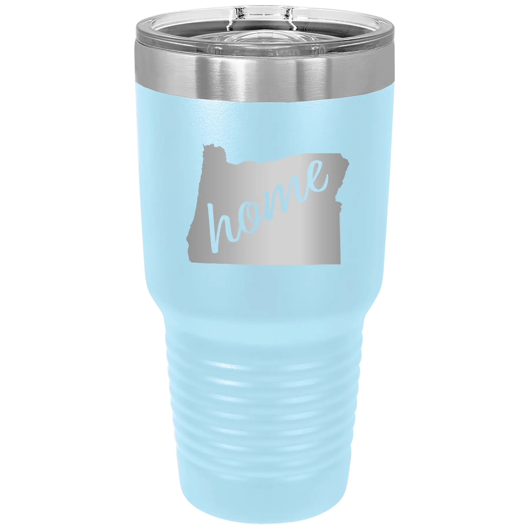Laser etched light blue 30 oz vacuum insulated tumbler with 'Oregon Home' design