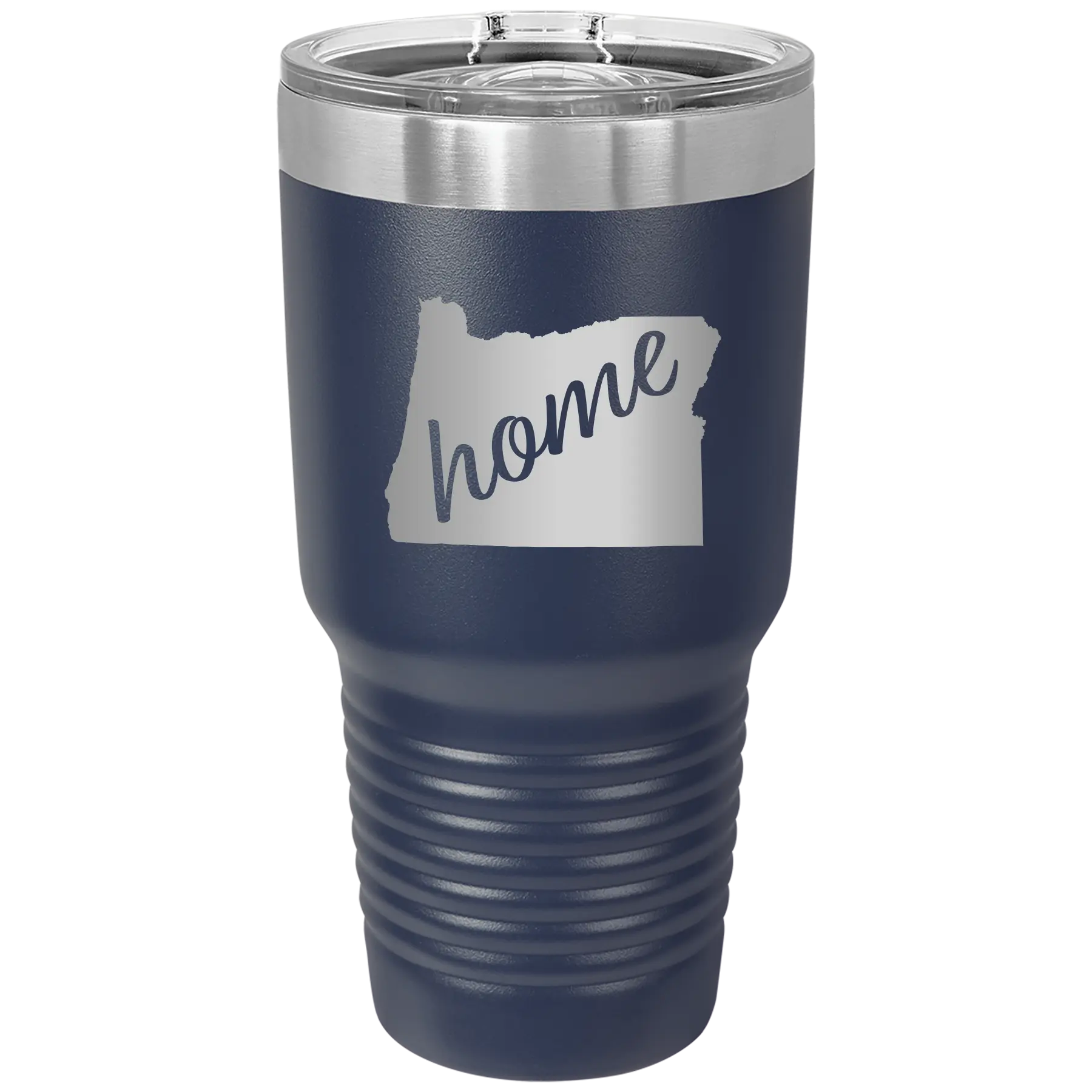 Laser etched navy 30 oz vacuum insulated tumbler with 'Oregon Home' design