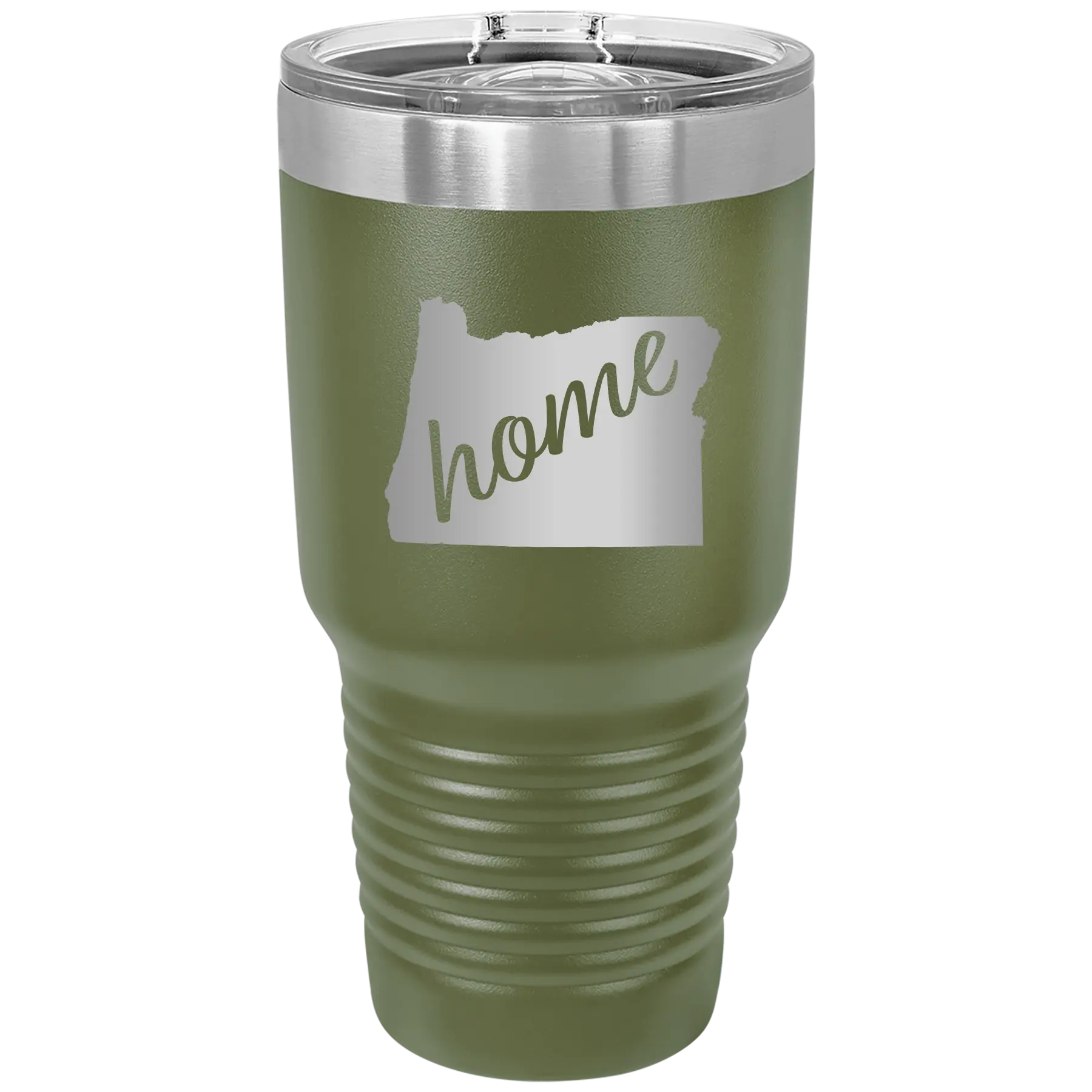 Laser etched olive green 30 oz vacuum insulated tumbler with 'Oregon Home' design