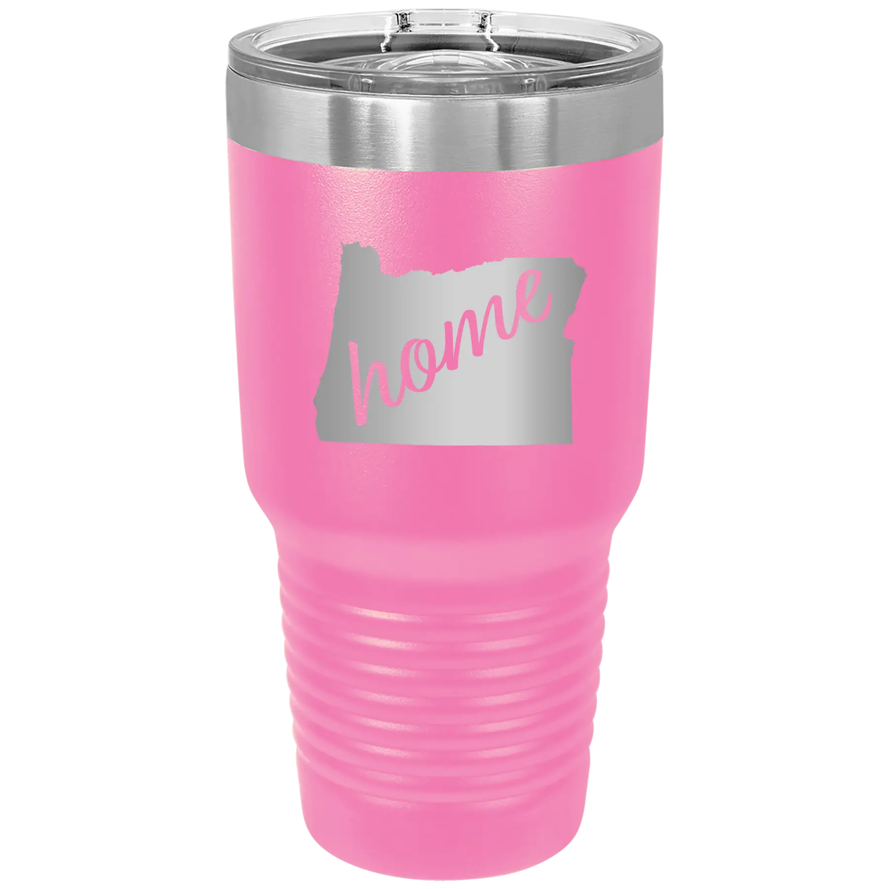 Laser etched pink 30 oz vacuum insulated tumbler with 'Oregon Home' design