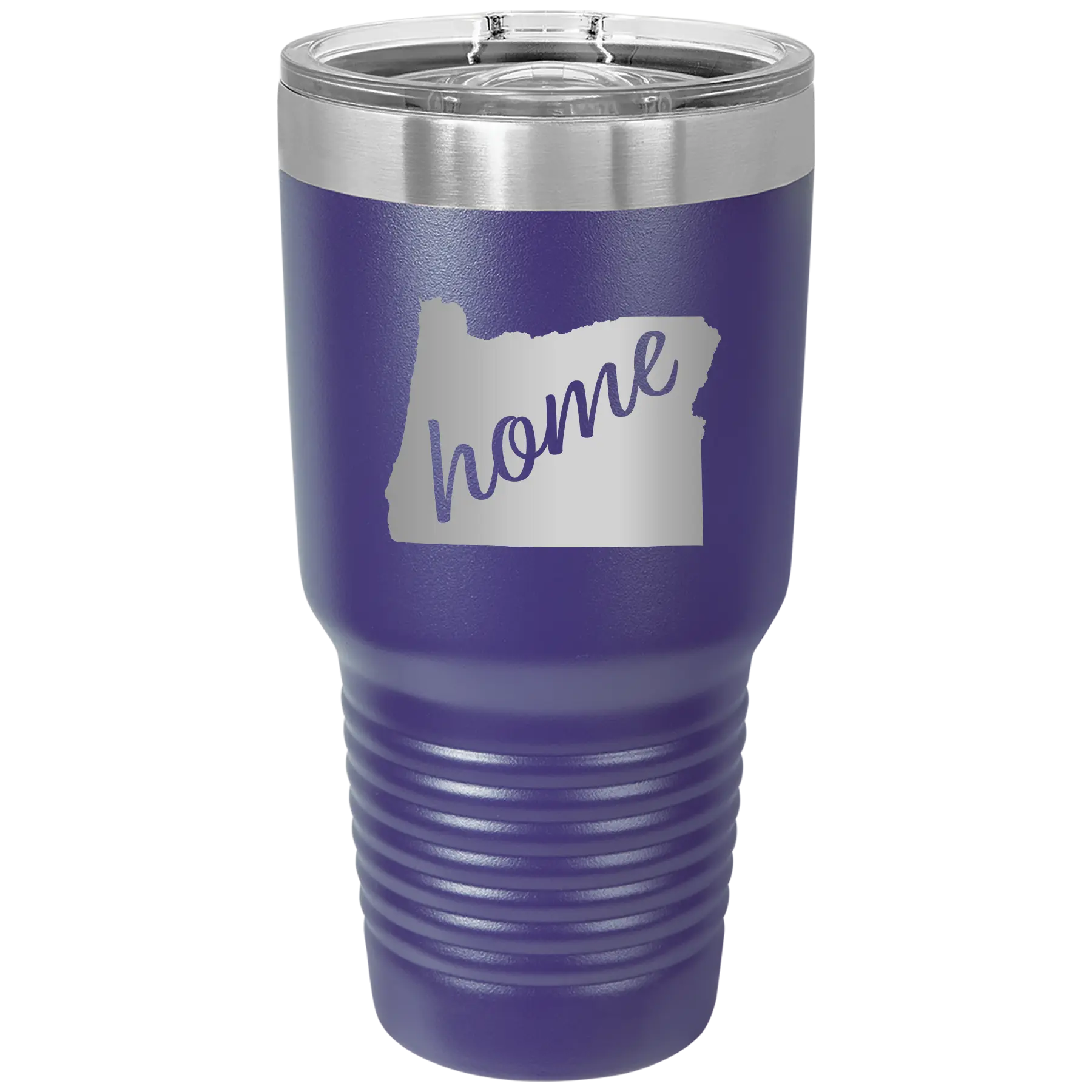 Laser etched purple 30 oz vacuum insulated tumbler with 'Oregon Home' design