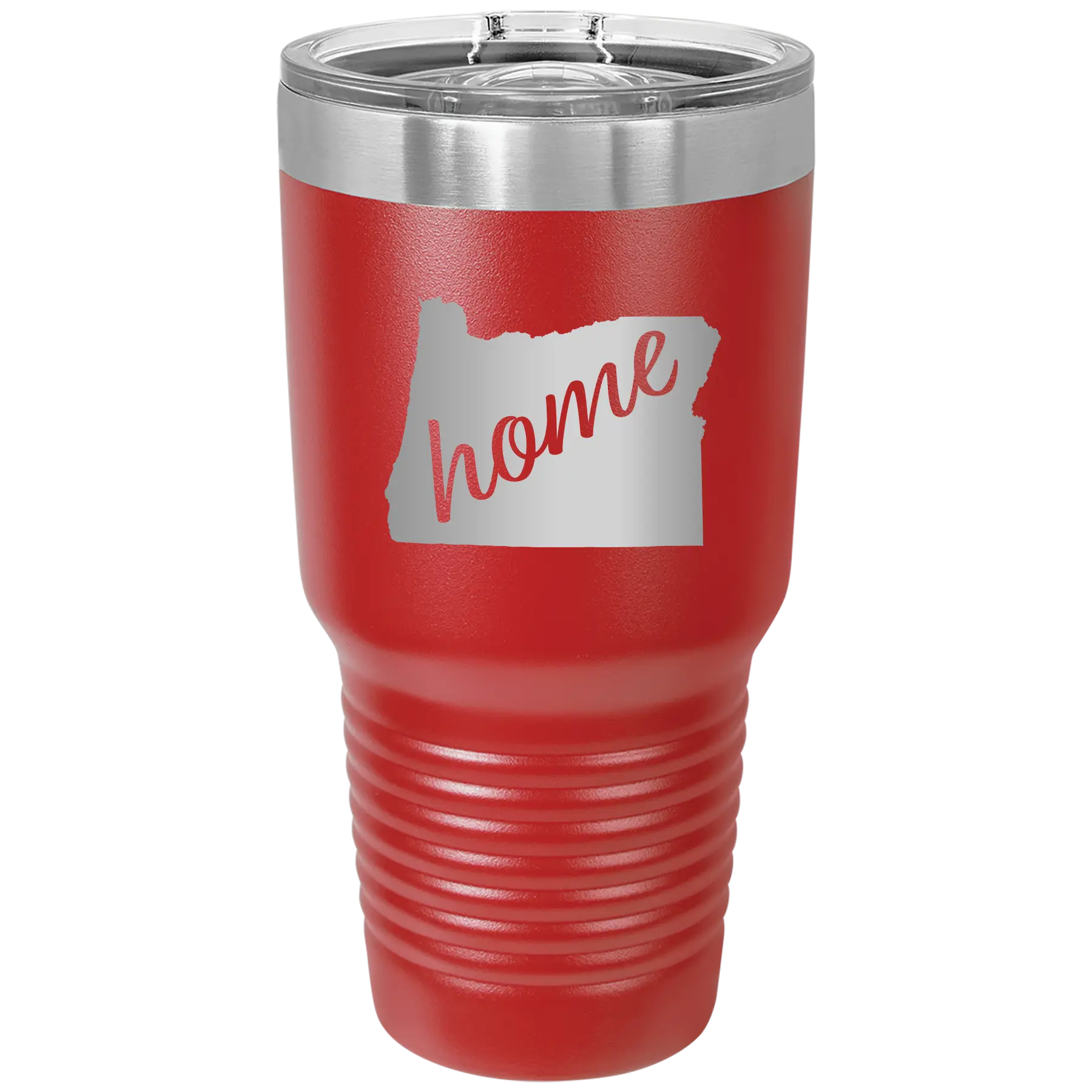Laser etched red 30 oz vacuum insulated tumbler with 'Oregon Home' design