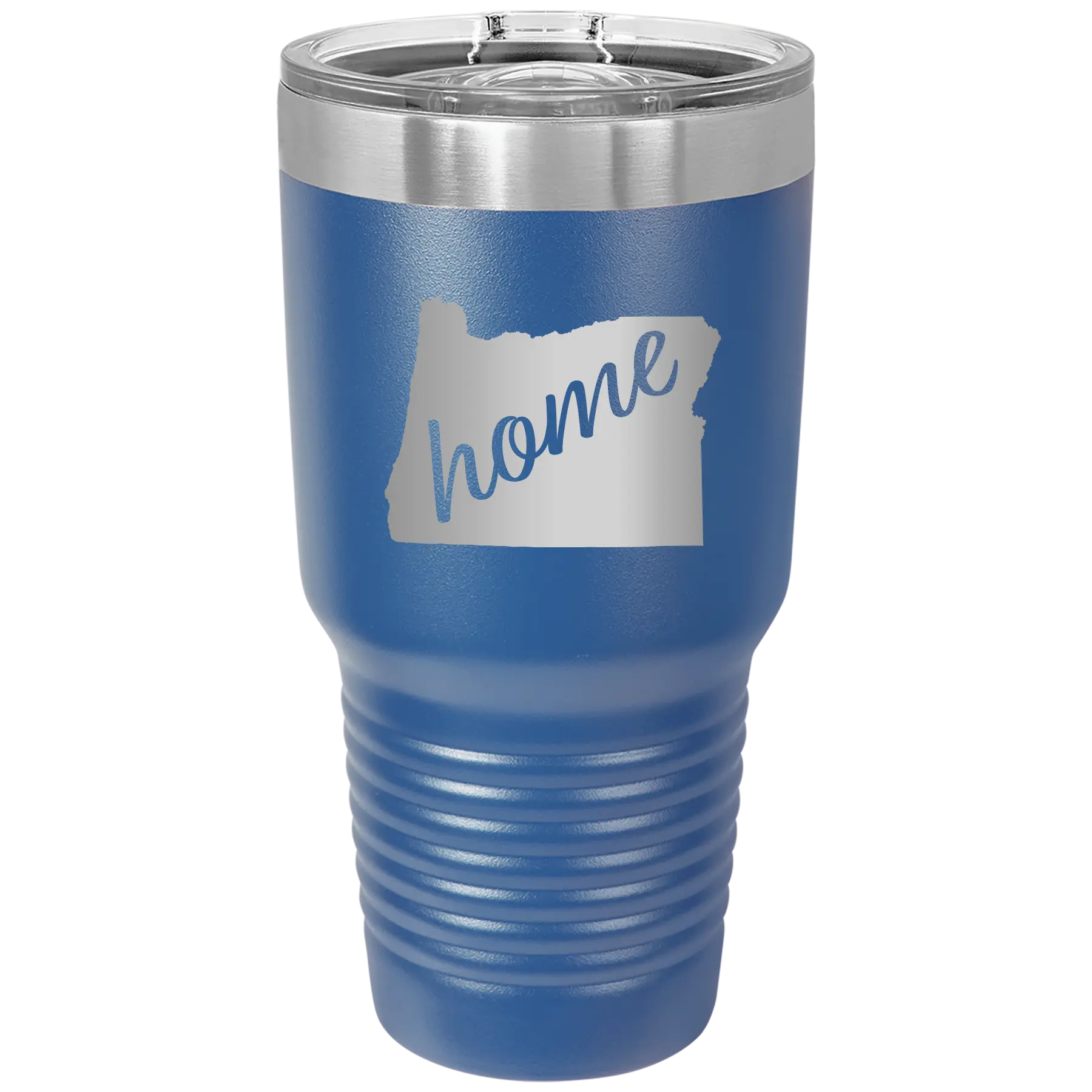 Laser etched royal blue 30 oz vacuum insulated tumbler with 'Oregon Home' design