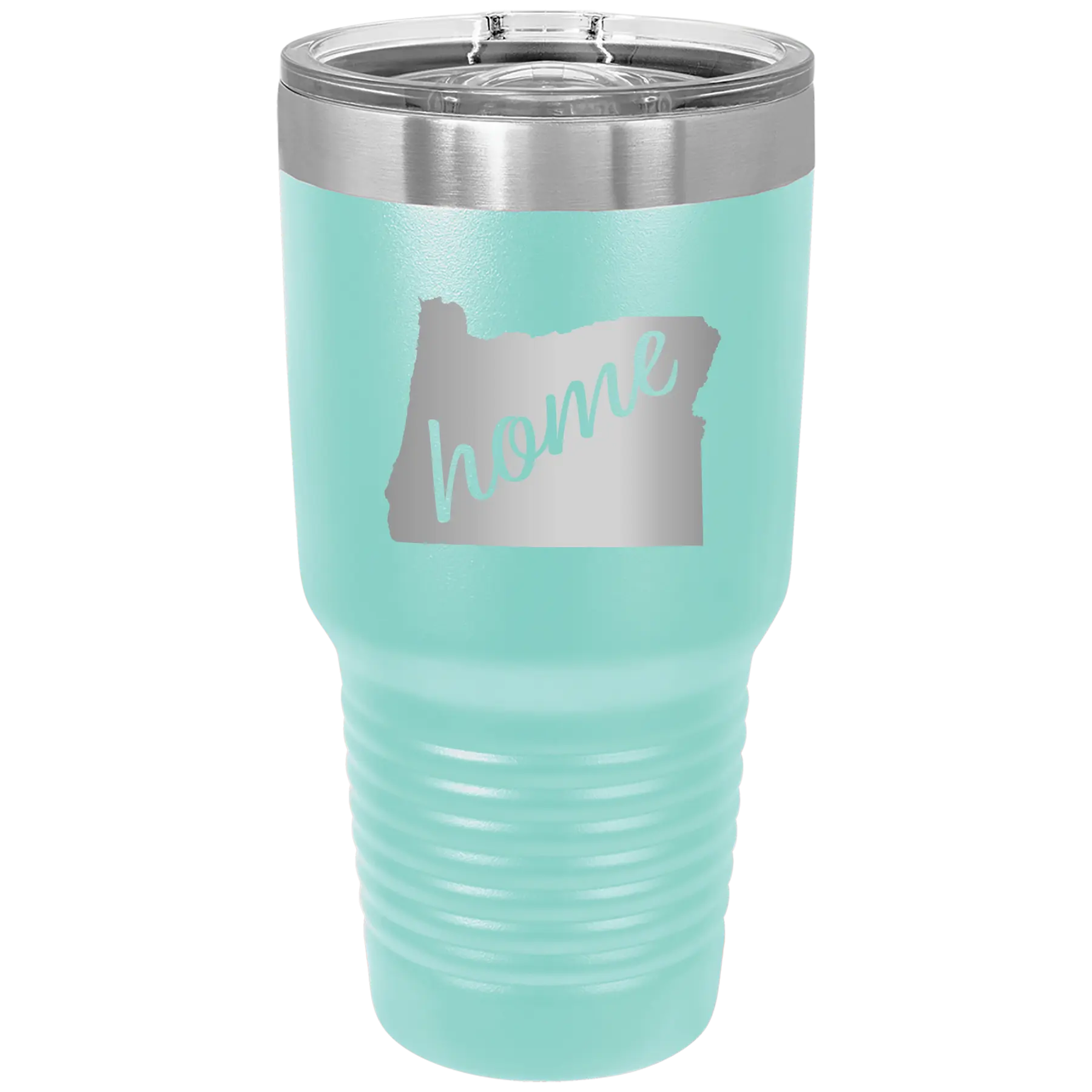 Laser etched teal 30 oz vacuum insulated tumbler with 'Oregon Home' design