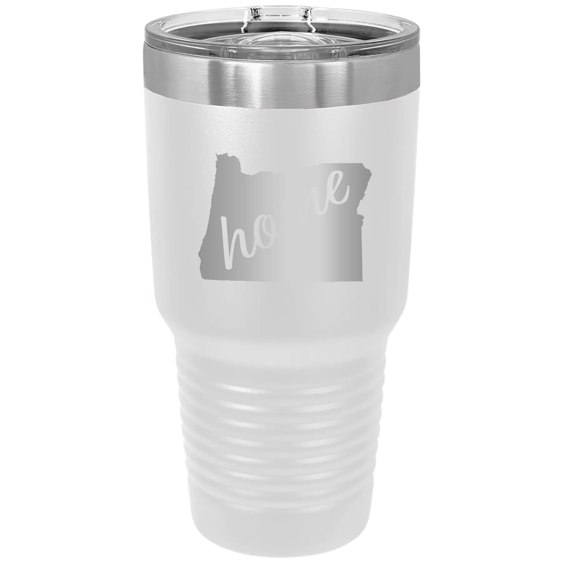 Laser etched white 30 oz vacuum insulated tumbler with 'Oregon Home' design