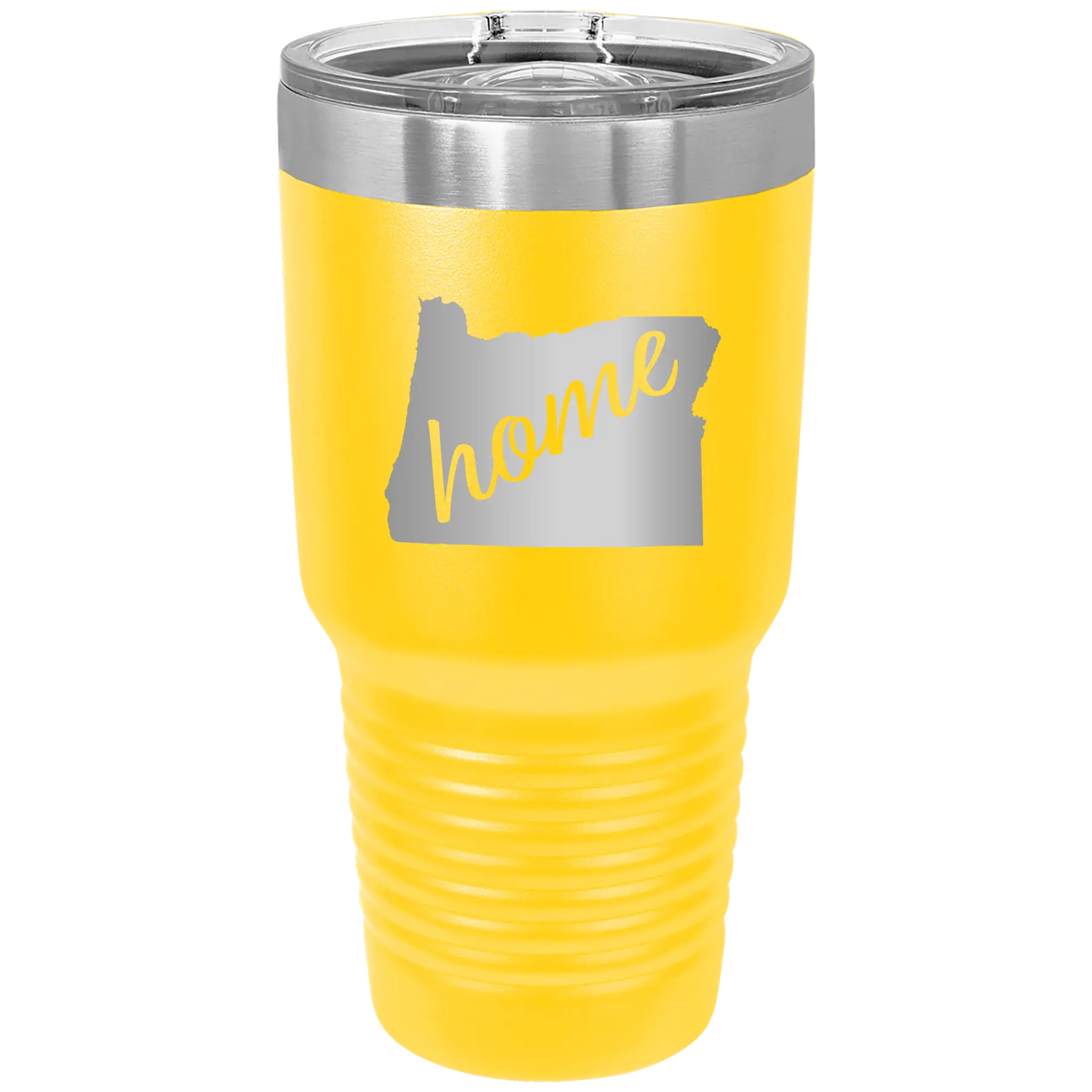 Laser etched yellow 30 oz vacuum insulated tumbler with 'Oregon Home' design