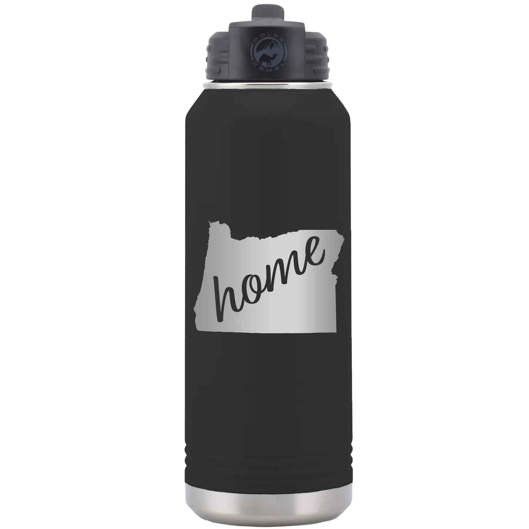 Laser etched black 32 oz vacuum insulated water bottle with 'Oregon Home' design