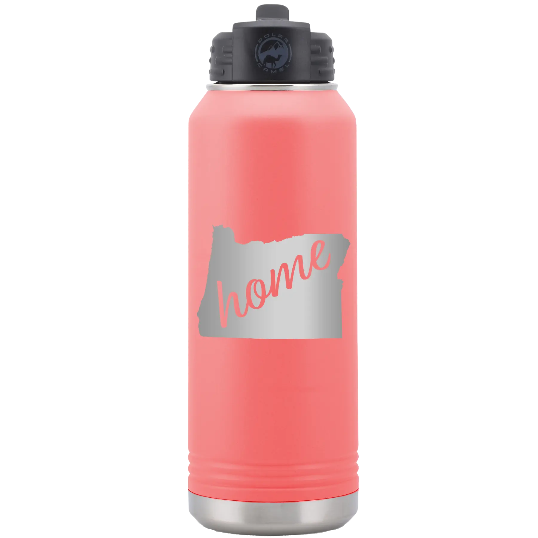 Laser etched coral 32 oz vacuum insulated water bottle with 'Oregon Home' design