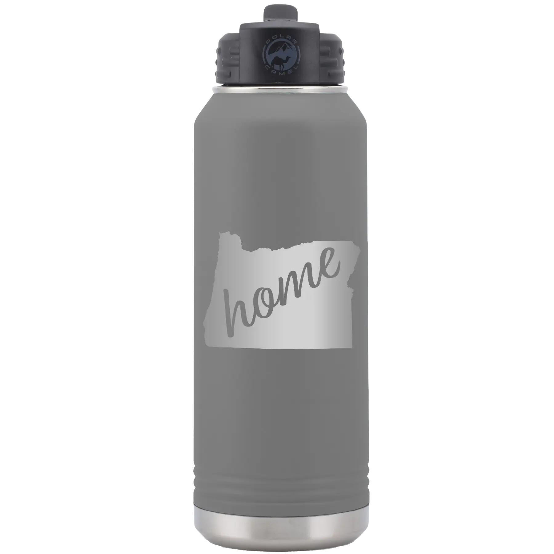 Laser etched dark gray 32 oz vacuum insulated water bottle with 'Oregon Home' design