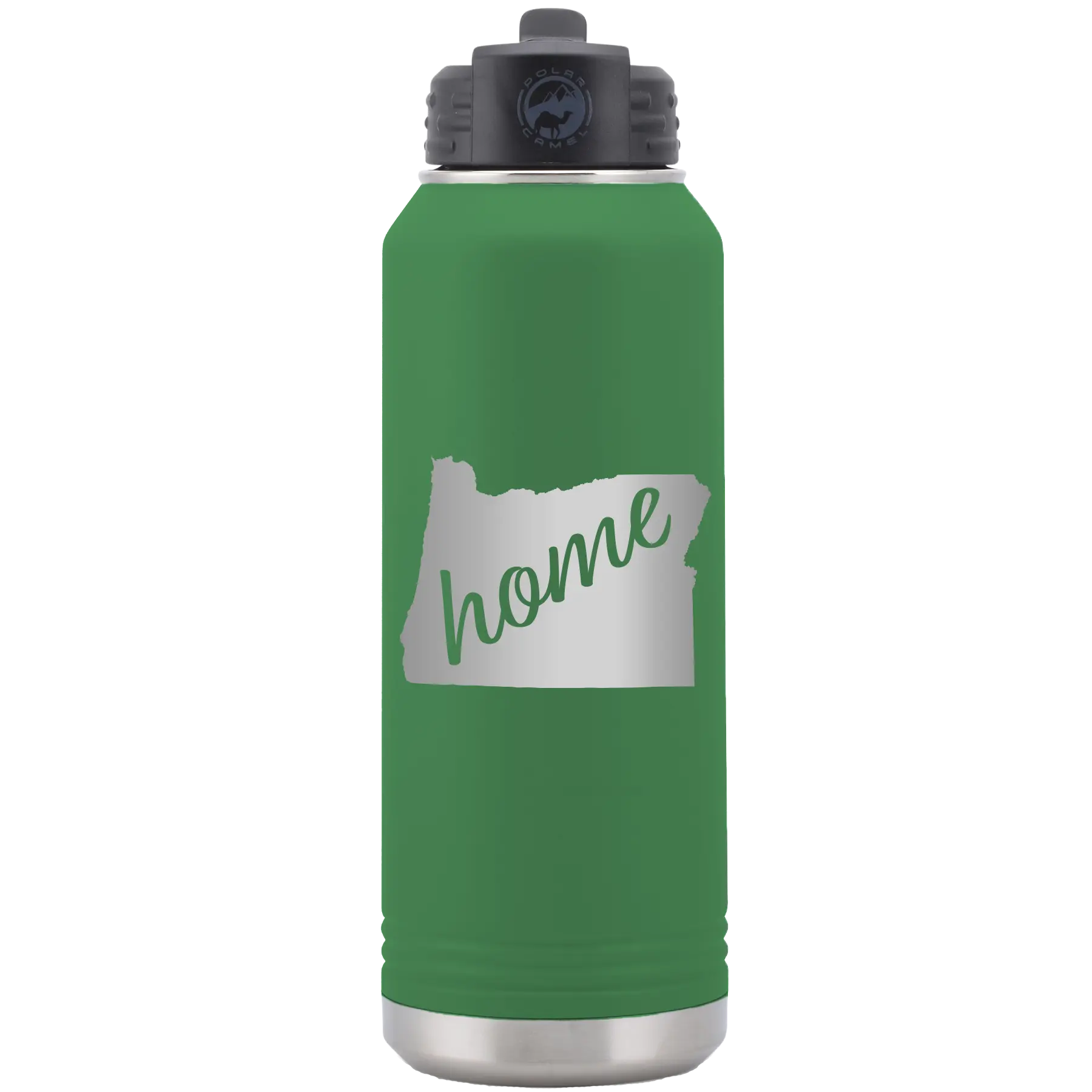 Laser etched green 32 oz vacuum insulated water bottle with 'Oregon Home' design