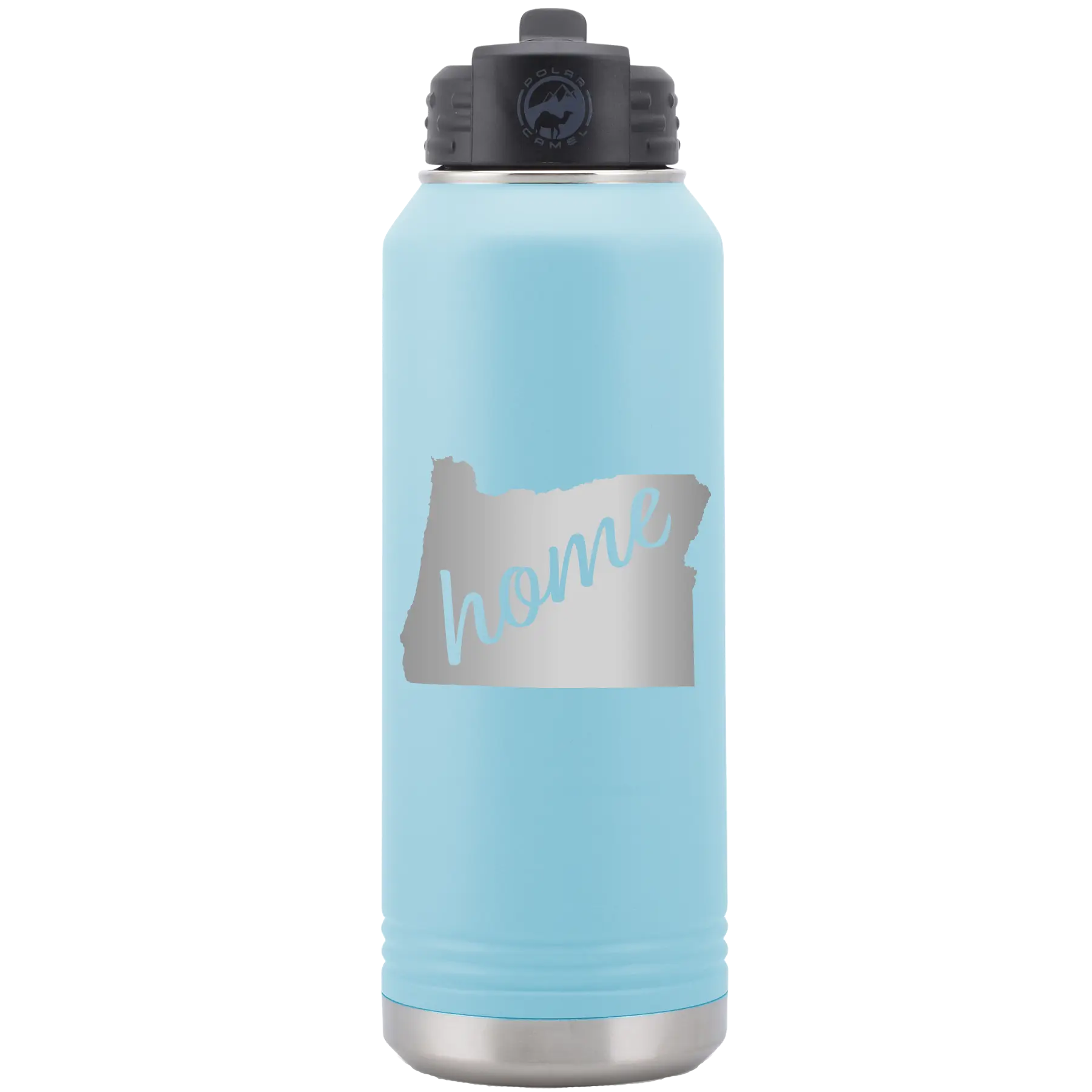 Laser etched light blue 32 oz vacuum insulated water bottle with 'Oregon Home' design