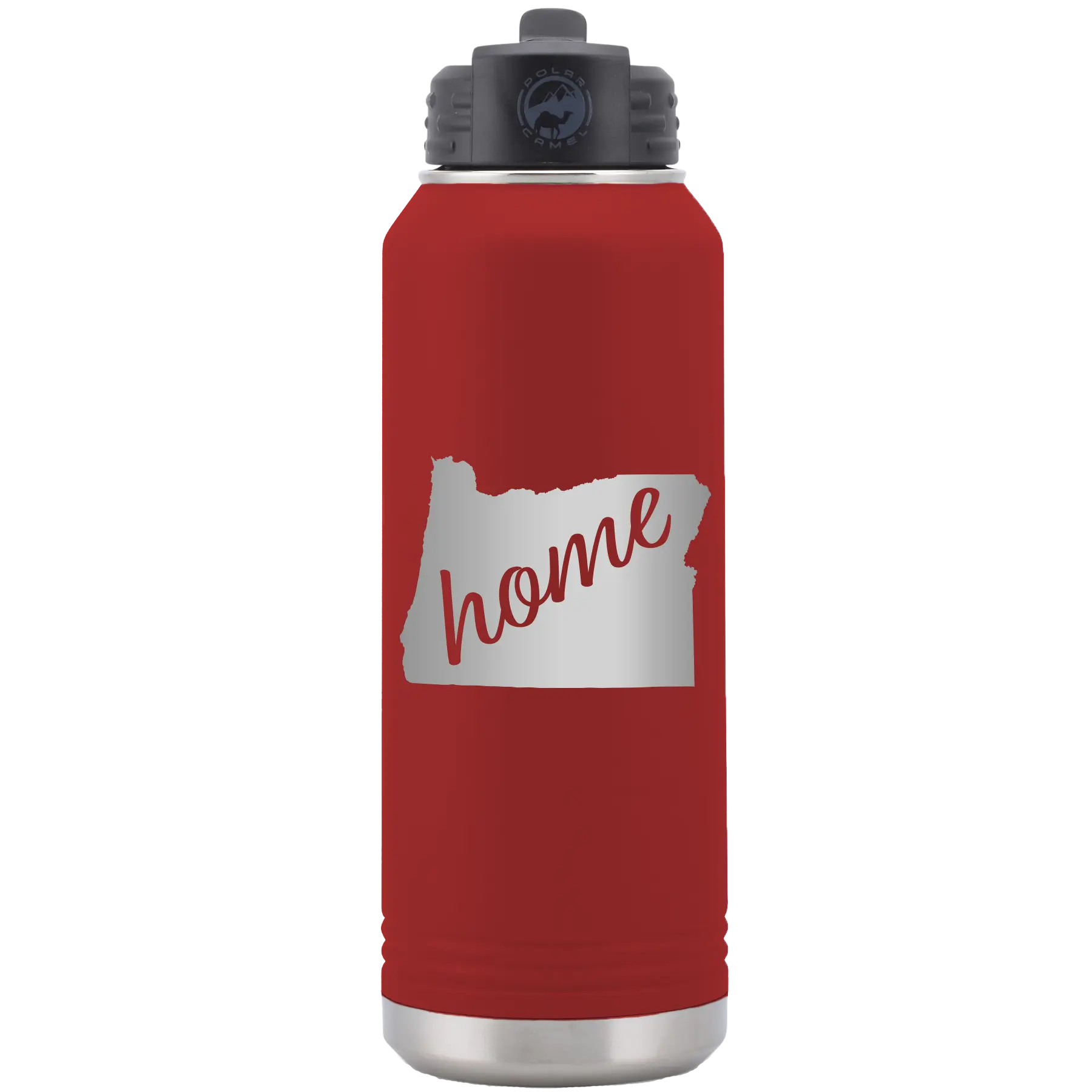 Laser etched maroon 32 oz vacuum insulated water bottle with 'Oregon Home' design