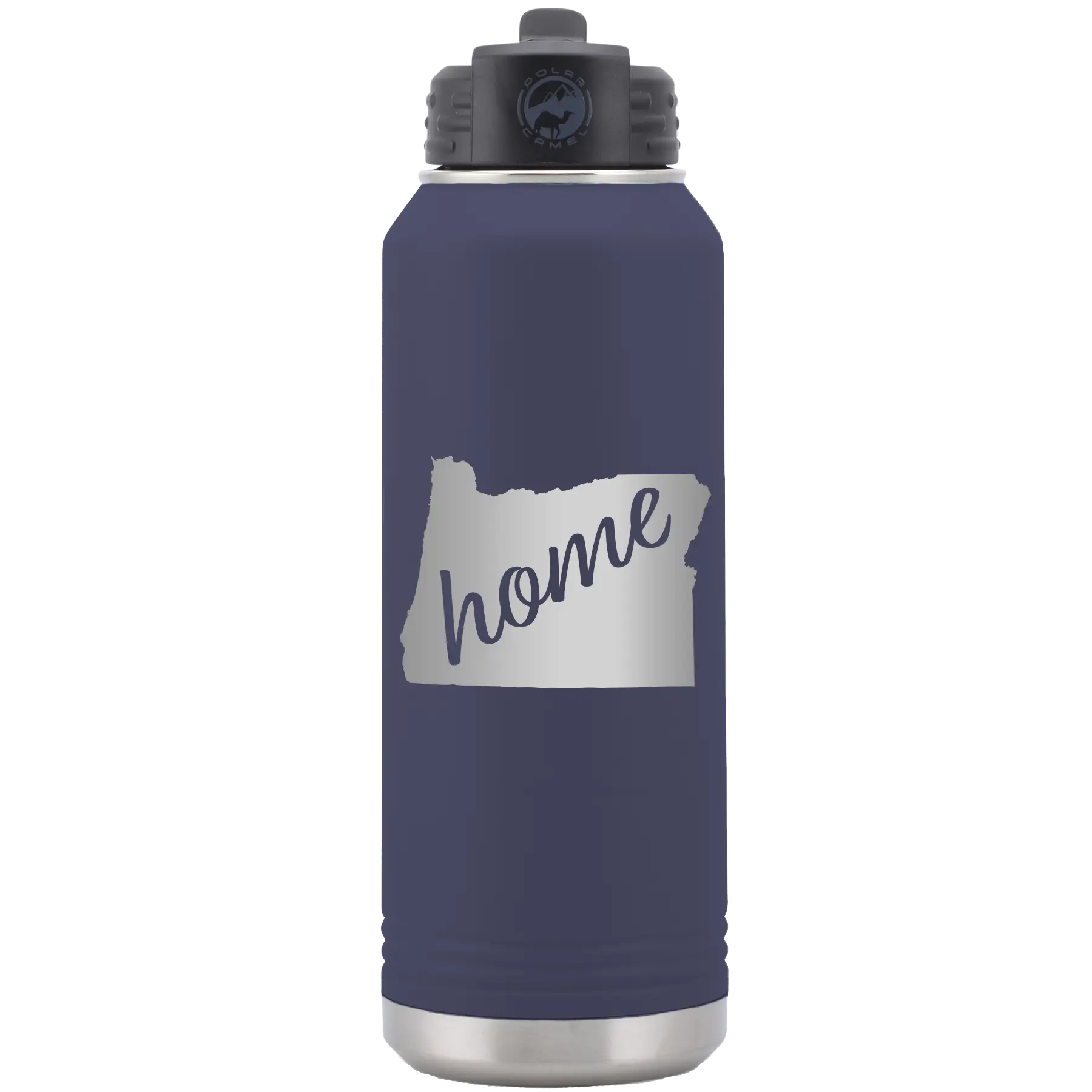 Laser etched navy 32 oz vacuum insulated water bottle with 'Oregon Home' design