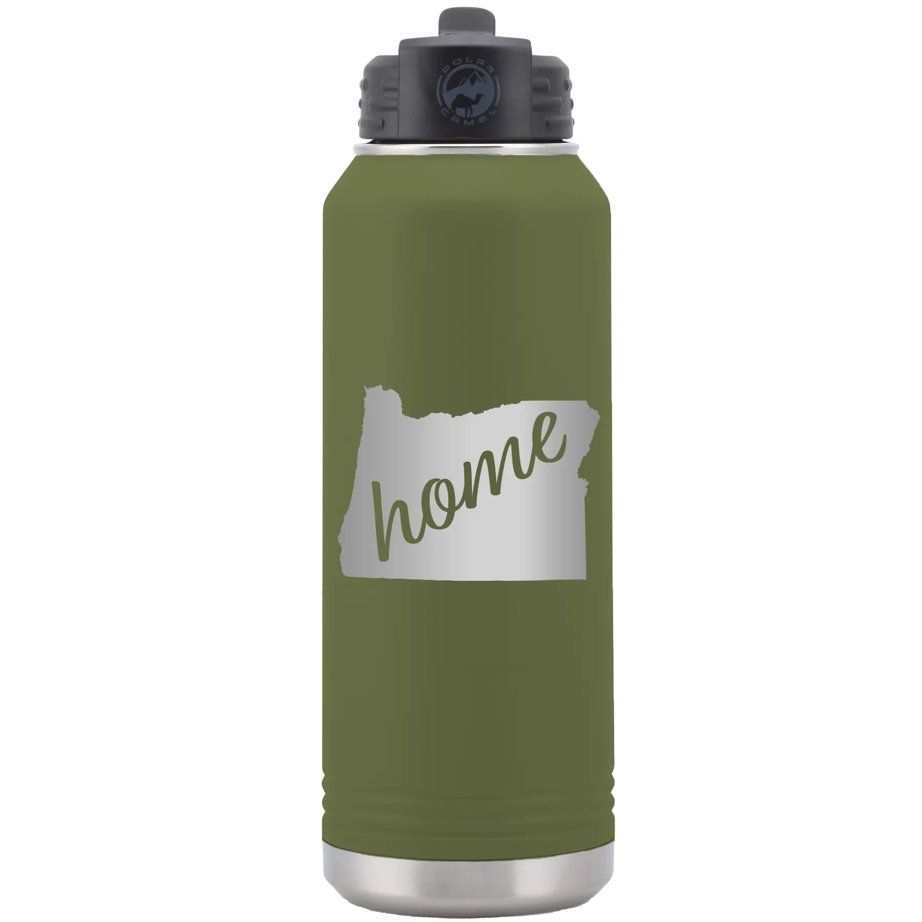 Laser etched olive green 32 oz vacuum insulated water bottle with 'Oregon Home' design