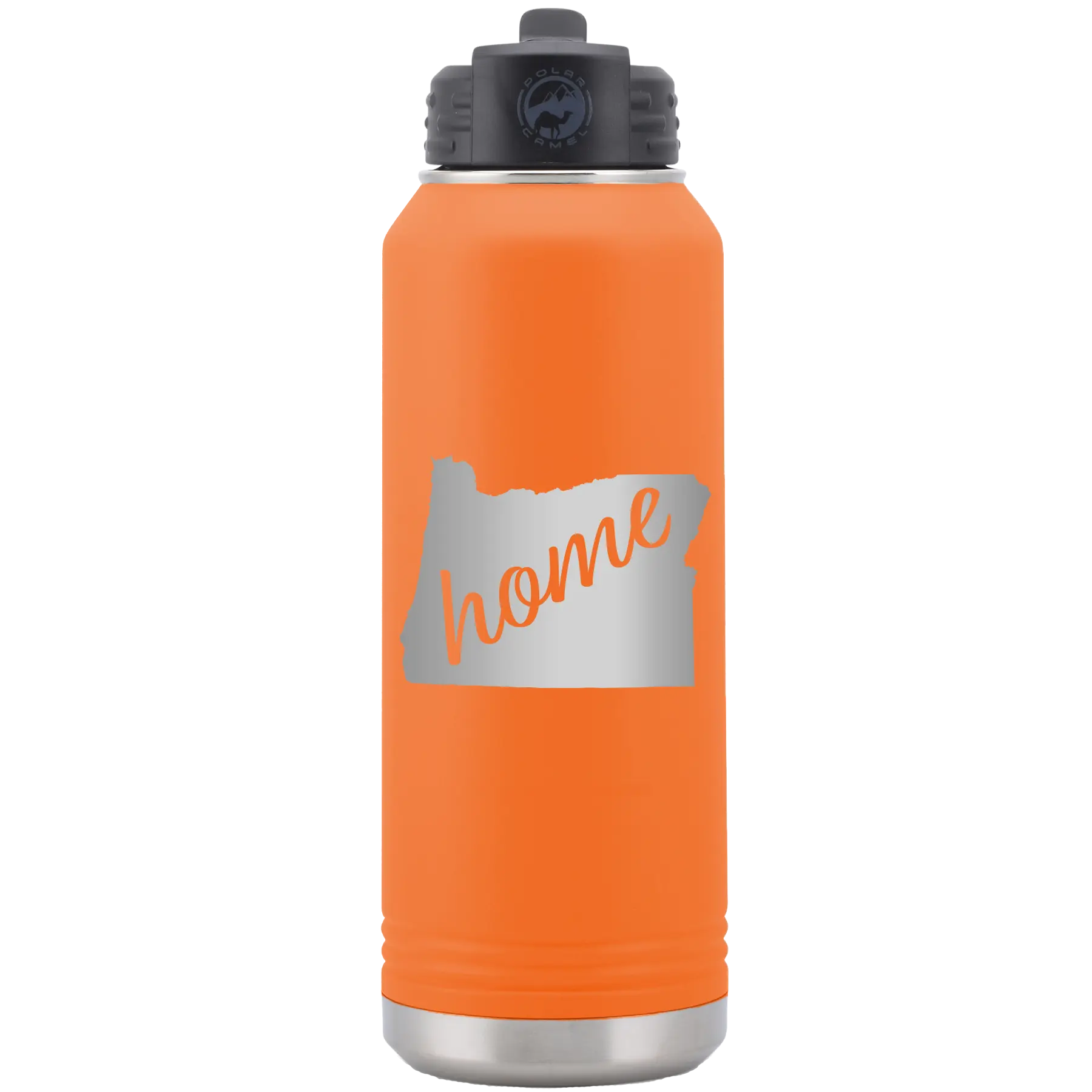 Laser etched orange 32 oz vacuum insulated water bottle with 'Oregon Home' design